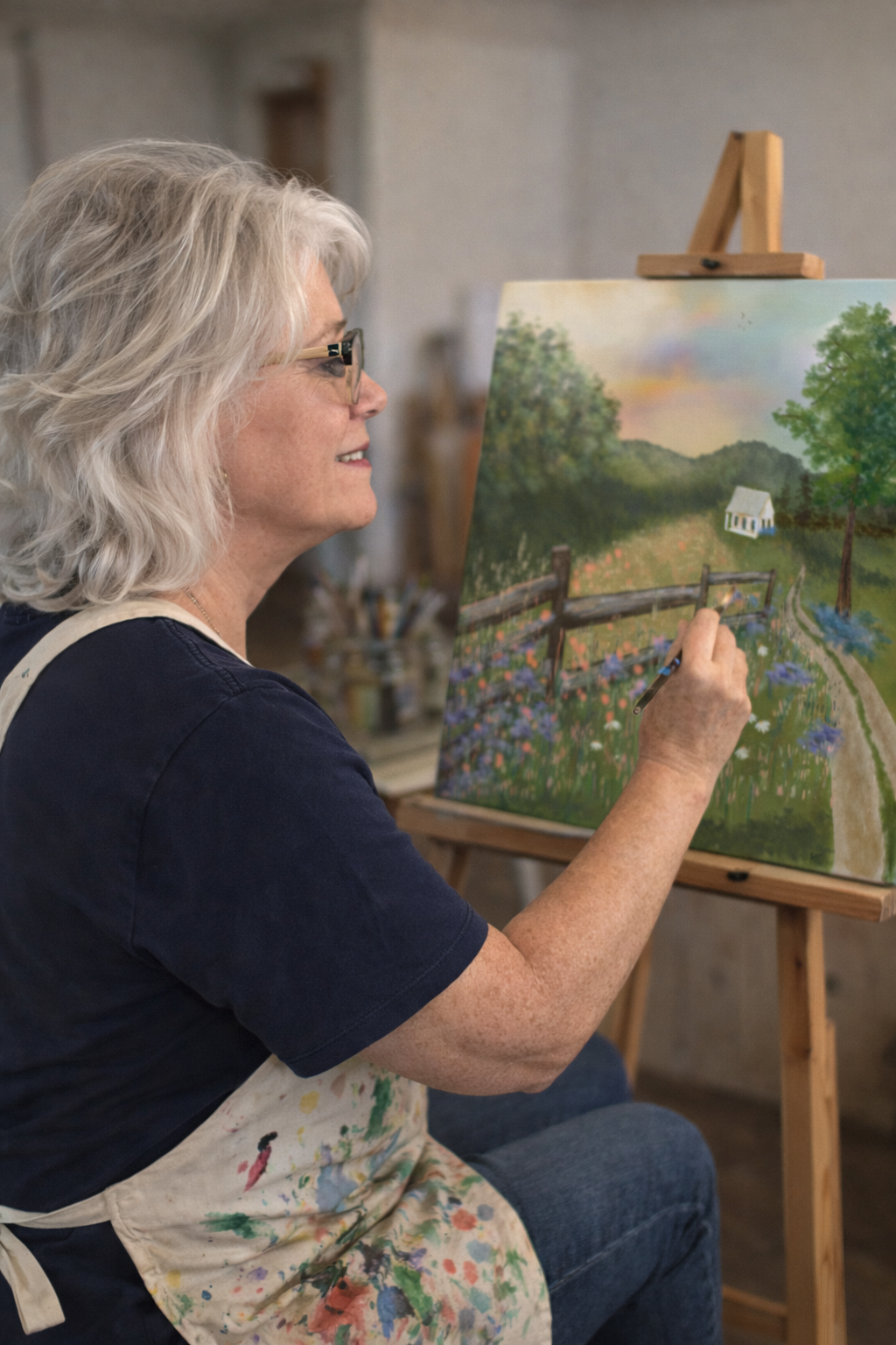 A woman with gray hair, glasses, and a floral apron, painting a landscape of a farm scene with trees, a fence, flowers, a dirt path, and a white house on her canvas in an art studio.