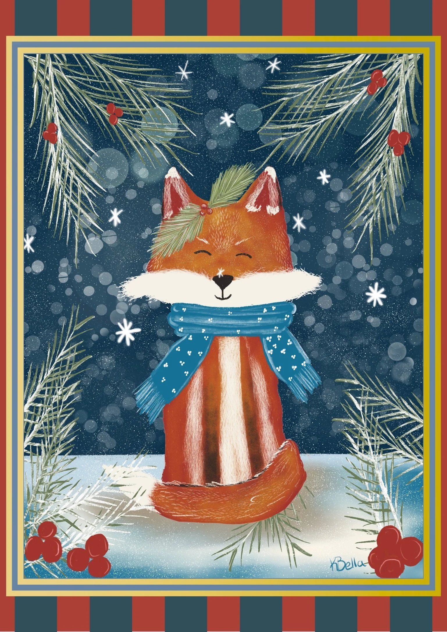 An illustration of a red fox wearing a blue scarf, with snow and pine tree branches with red berries framing the scene, in a festive holiday style.