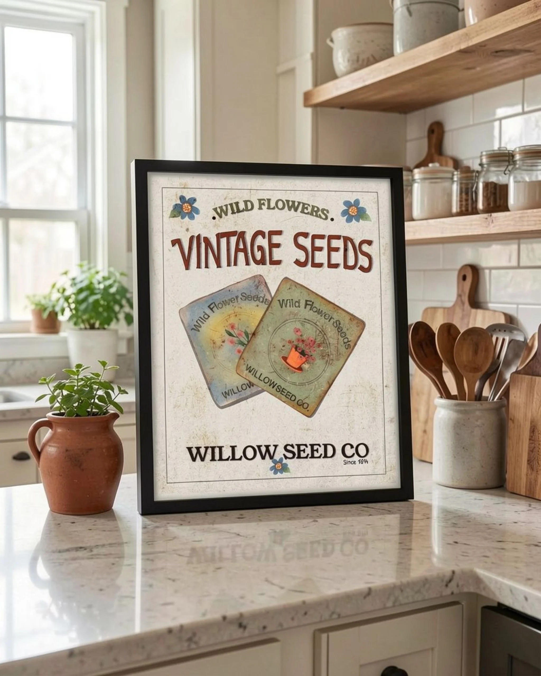 Kitchen with Framed Art that reads Vintage Seeds.jpg