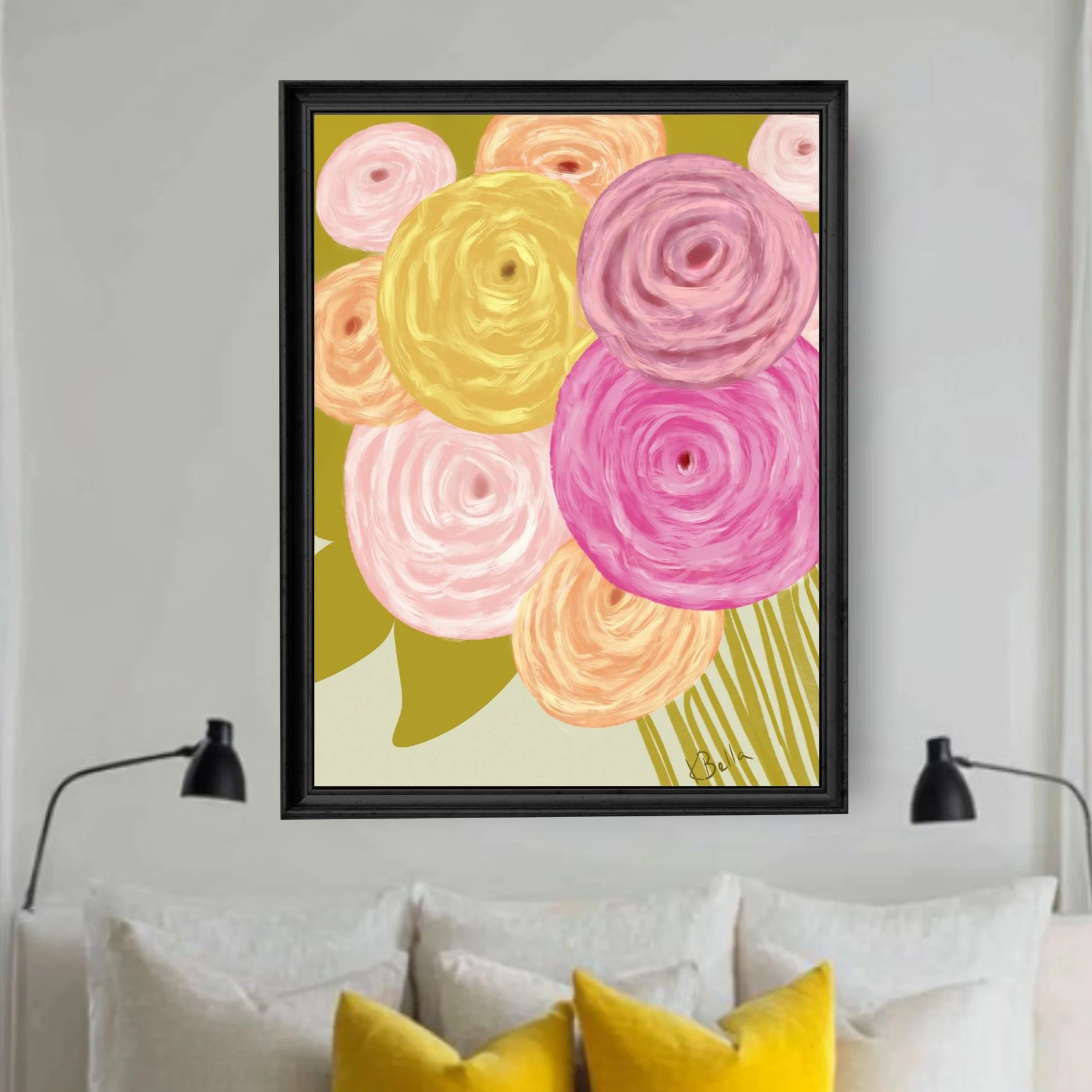 Abstract Floral Art Print  — Pastel Pink & Green Vertical Print