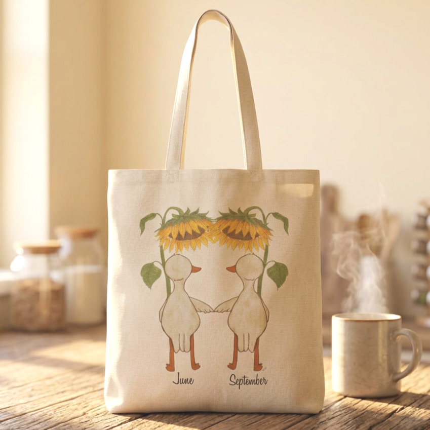 Personalized Birth Month Tote Bag with Geese and Sunflowers, Custom Friendship Gift
