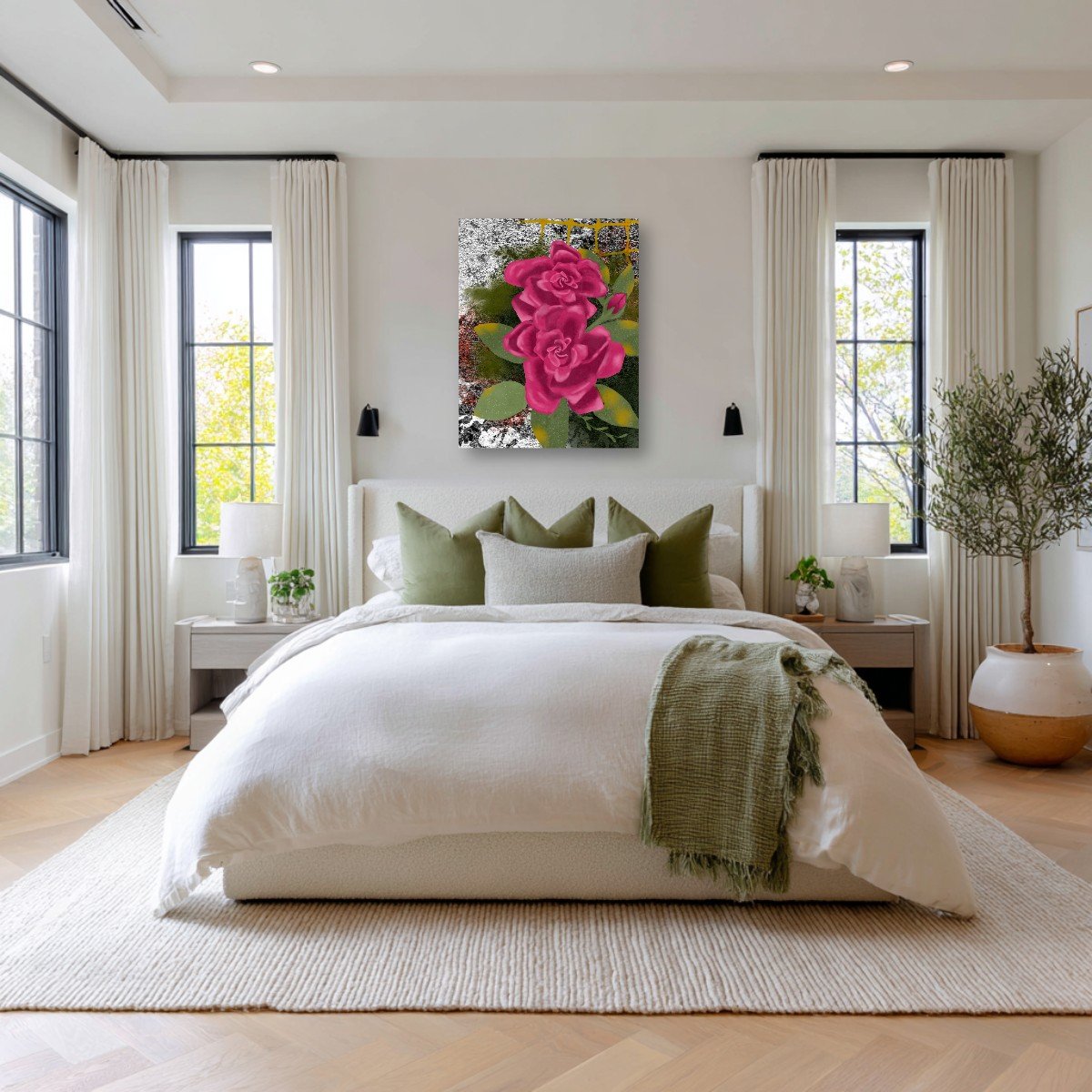 A bedroom with artwork by Kimbella Buckman featuring an abstract rose painting with textured and layered background.