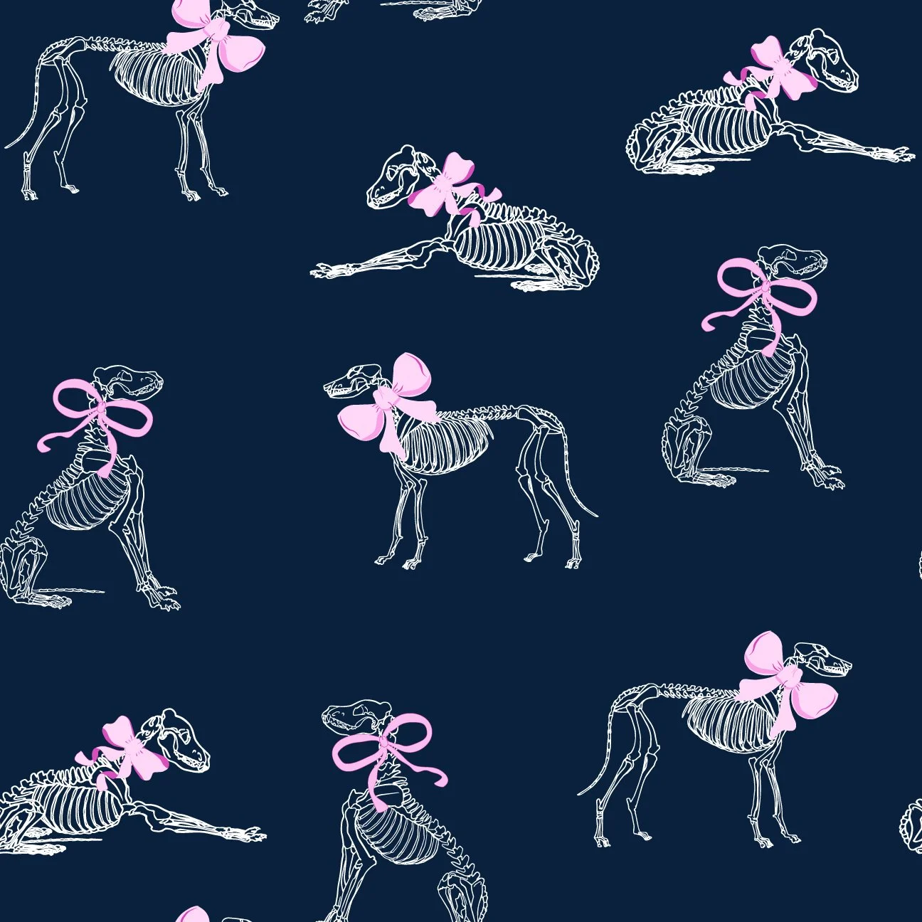 Pattern of white animal skeletons with pink bows on a dark blue background.