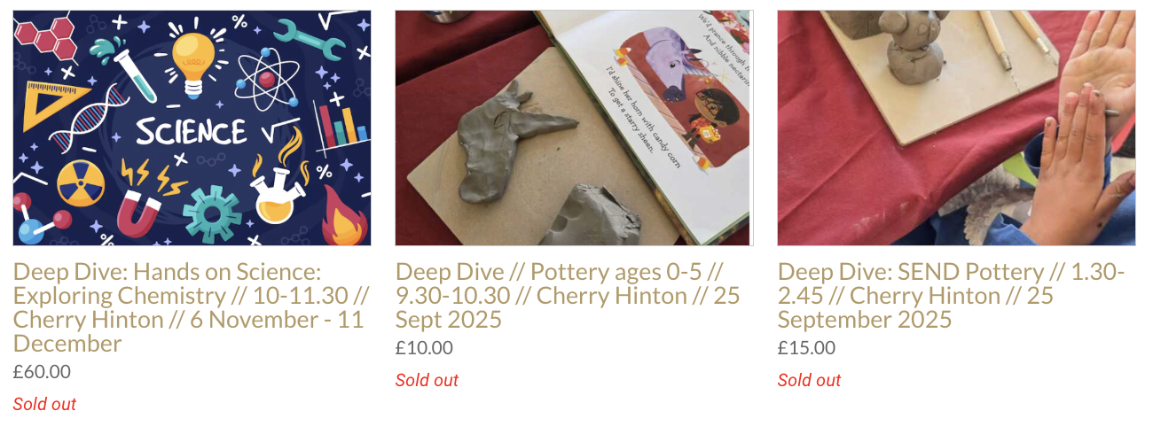 Three images of children's activities and crafts. The first is a colorful science-themed graphic, the second shows clay animal sculptures and an open book with illustrations, and the third features children working with clay and tools.