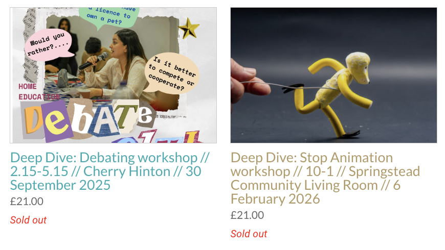 Two event listings. The first is for a debating workshop on September 30, 2025, featuring a collage of people debating and colorful text. The second is for a stop animation workshop on February 6, 2026, showing a small figurine of a yellow anthropomorphic character running or jumping.