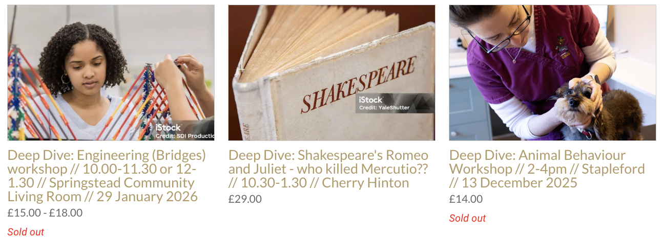 Images of three different workshops: a girl working on a bridge engineering workshop, a close-up of a Shakespeare book, and a woman with a dog at an animal behavior workshop.