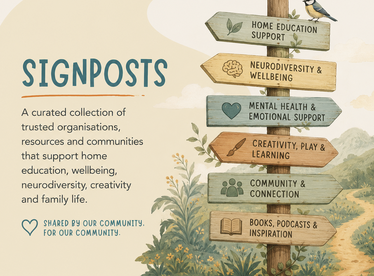 Illustrated signpost with categories for mental health and community support, including home education, neurodiversity, emotional support, creativity, community, and educational resources, set outdoors with flowers and a bird.