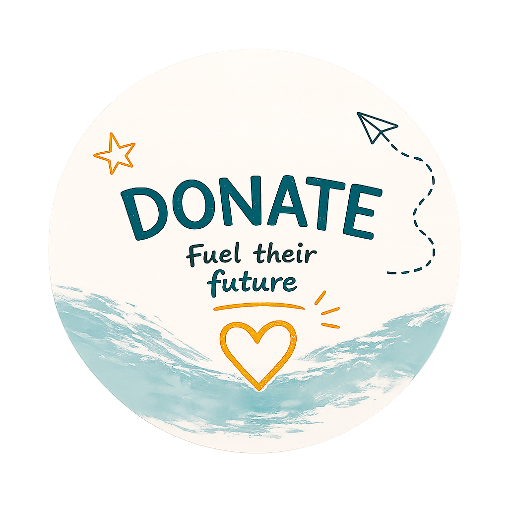 A circular illustration with the message 'Donate Fuel Their Future', a paper airplane, a star, and a heart, with a background resembling clouds or sky.