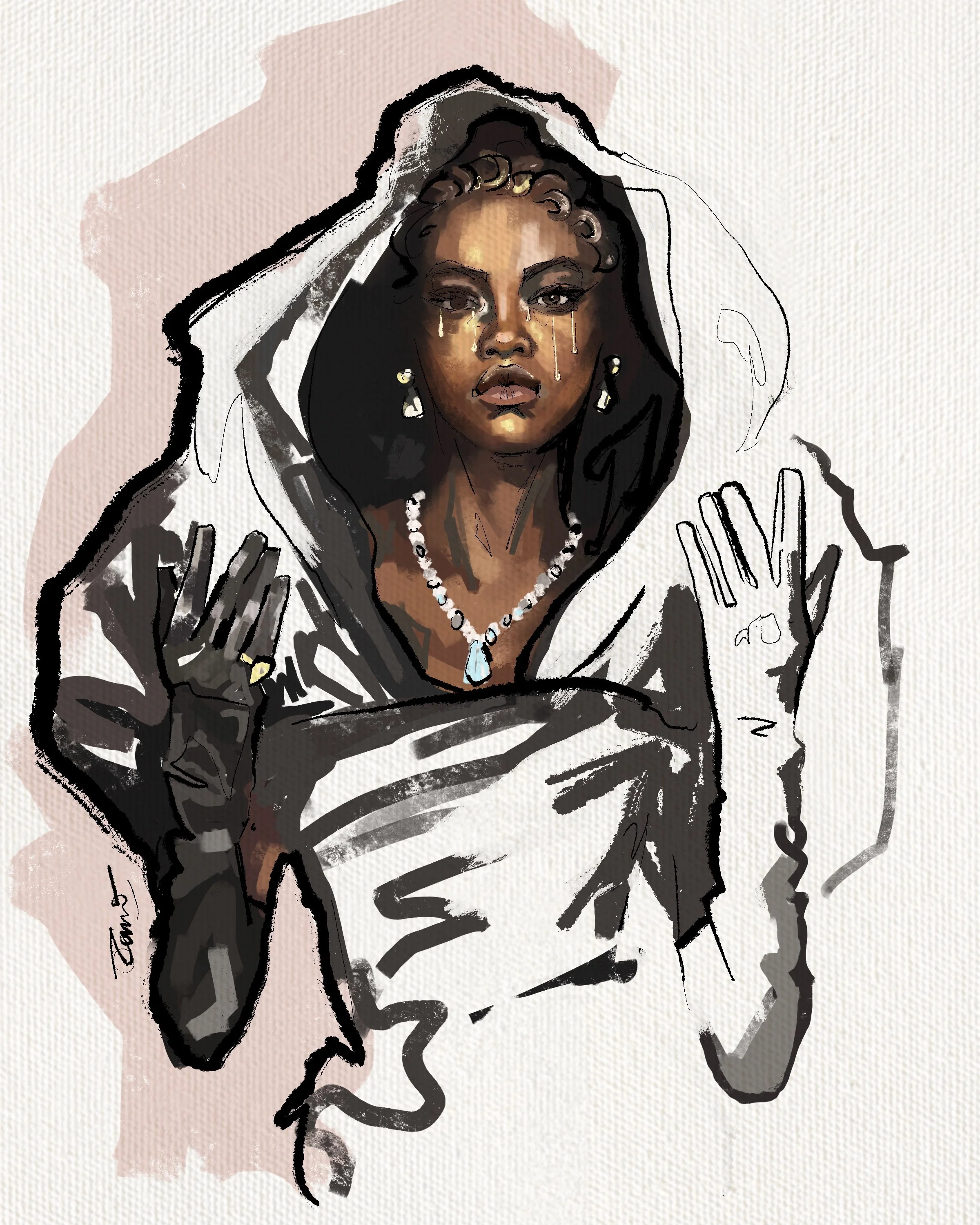 Digital illustration of a woman with dark curly hair, wearing earrings and a necklace, holding a face mask below her chin, with tear streaks on her face, dressed in a hoodie and patterned clothing, depicted in a sketch style with watercolor effects.