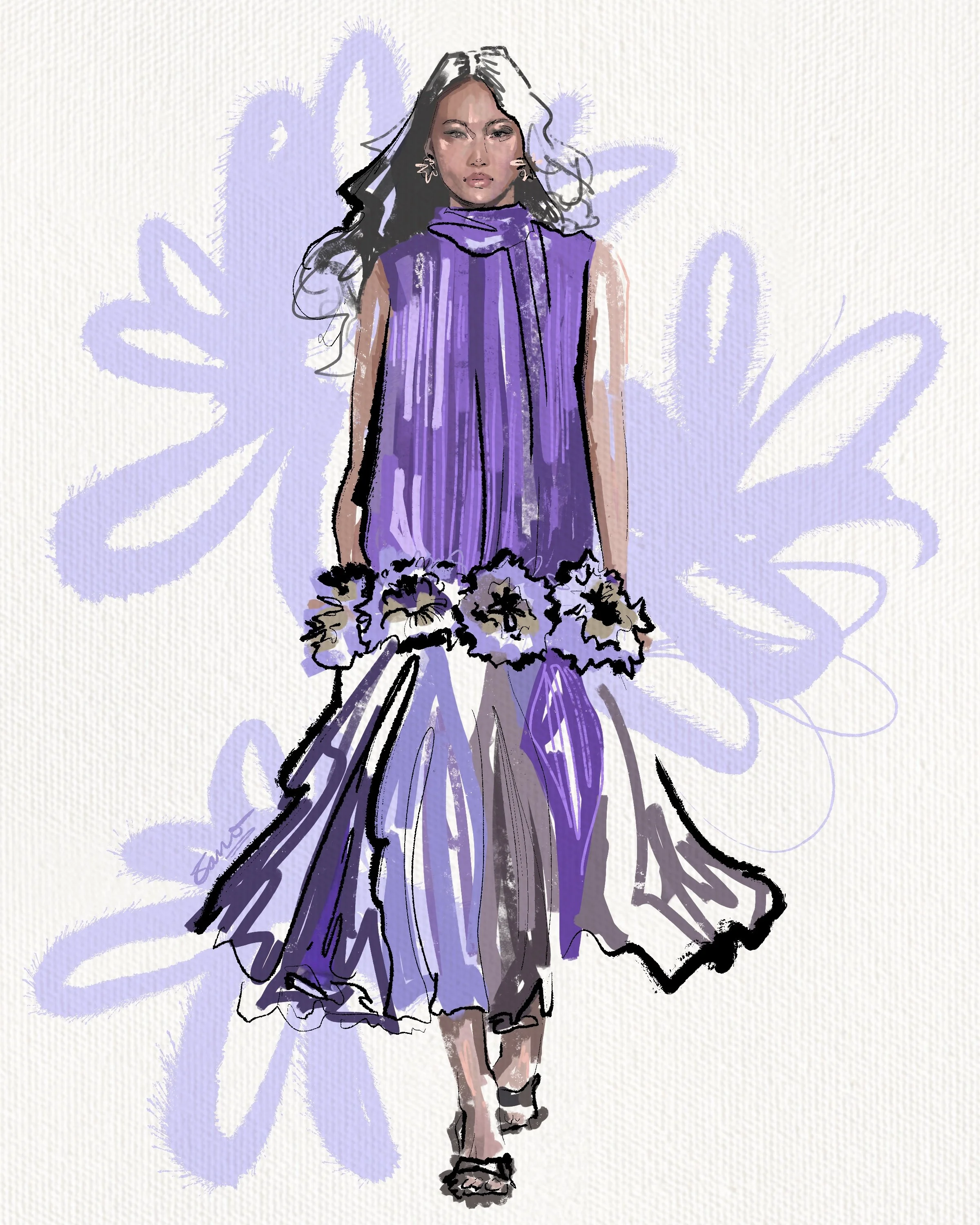 Fashion illustration of a woman walking, wearing a purple sleeveless dress with a high neck, paired with high heels, and holding a bouquet of black and white flowers. The background features a purple floral design.
