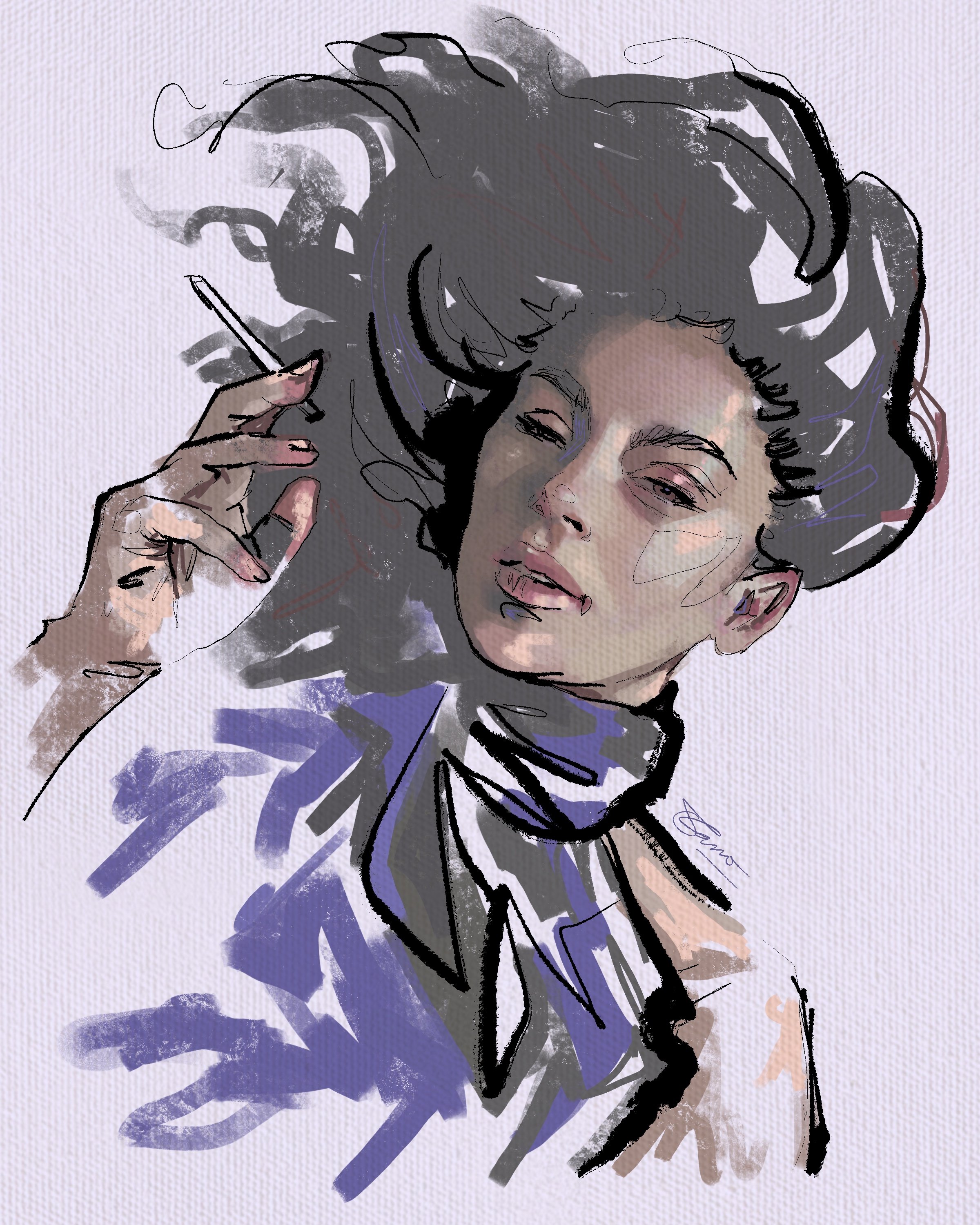 A stylized illustration of a woman with dark curly hair, holding a phone to her ear, wearing a suit with a bow tie, against a textured background.