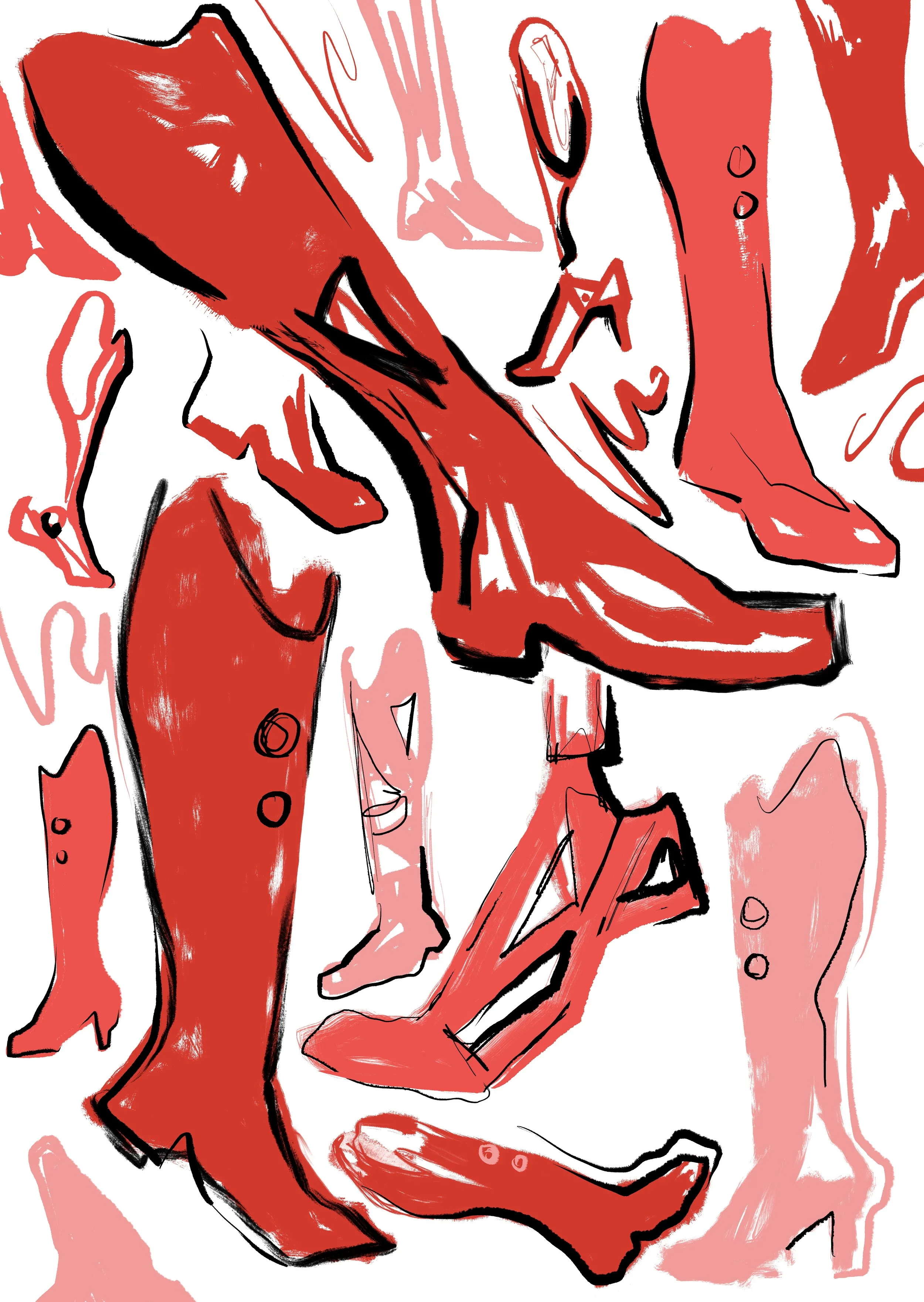 Abstract line drawing of red and black high-heeled shoes and legs, with exaggerated and stylized features.