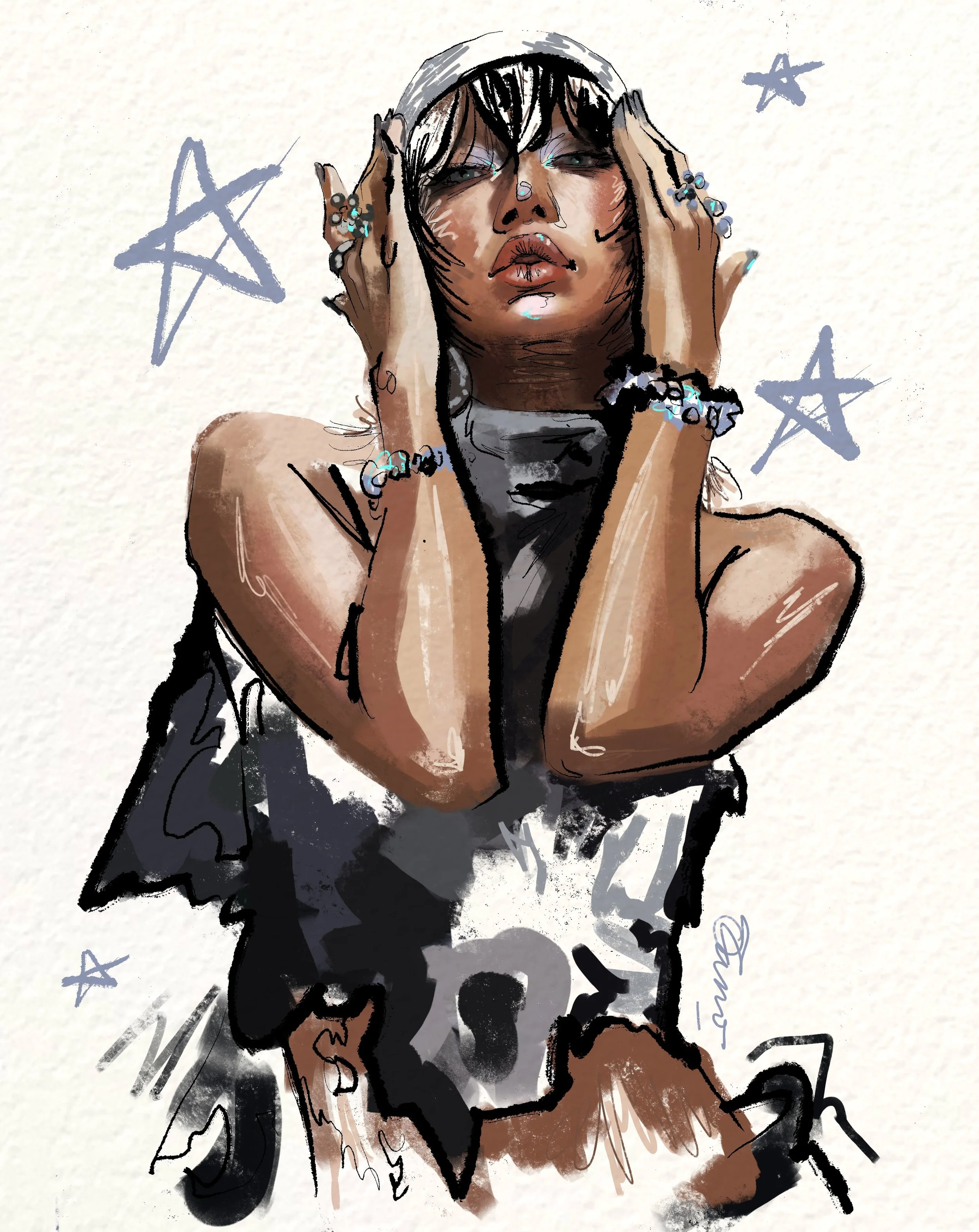 A digital illustration of a woman with dark hair, wearing rings, and earrings, with her hands on her face, surrounded by handwritten words and stars on a textured background.