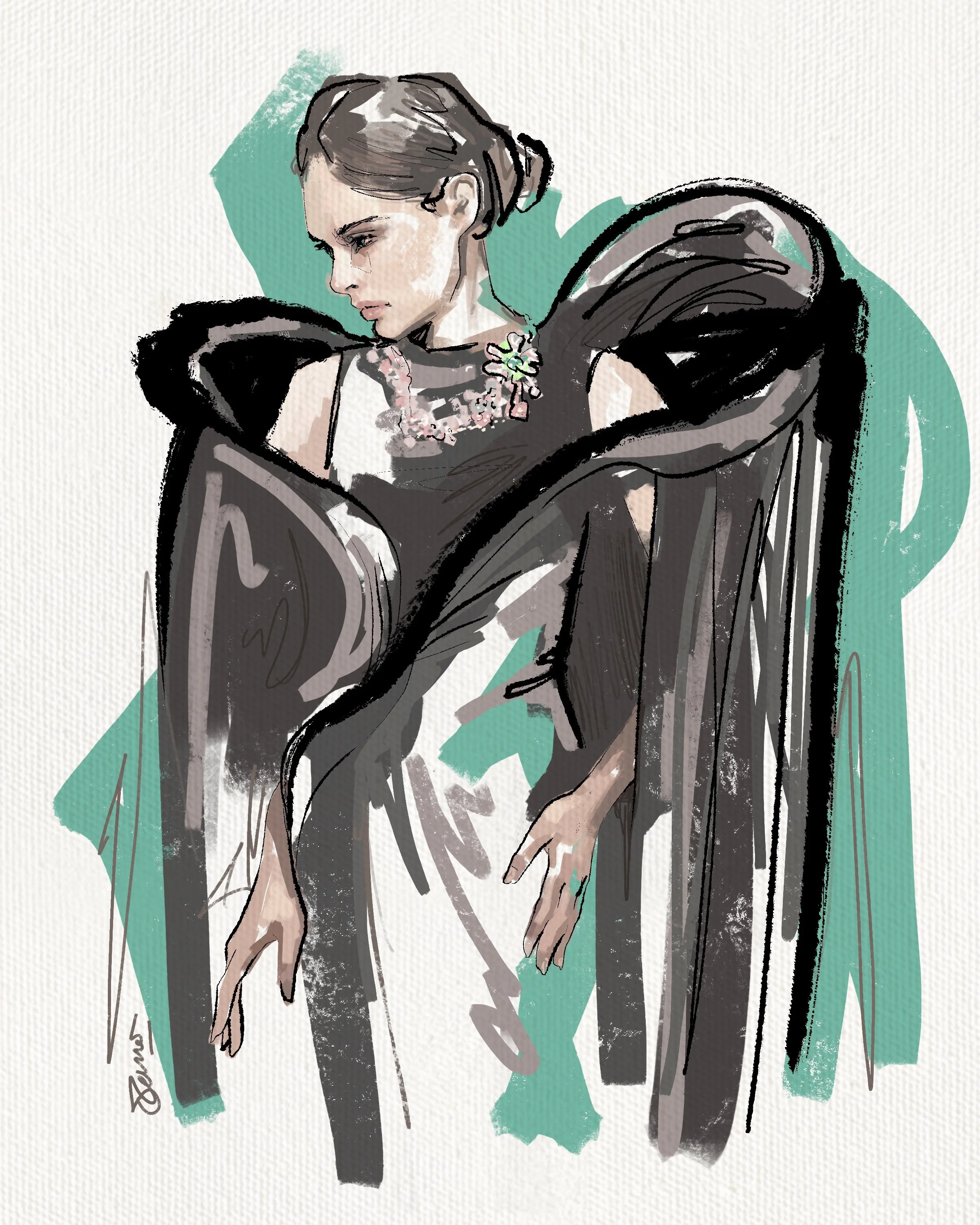A digital sketch of a woman with short hair, wearing a black dress and a floral necklace, posed against a teal background.