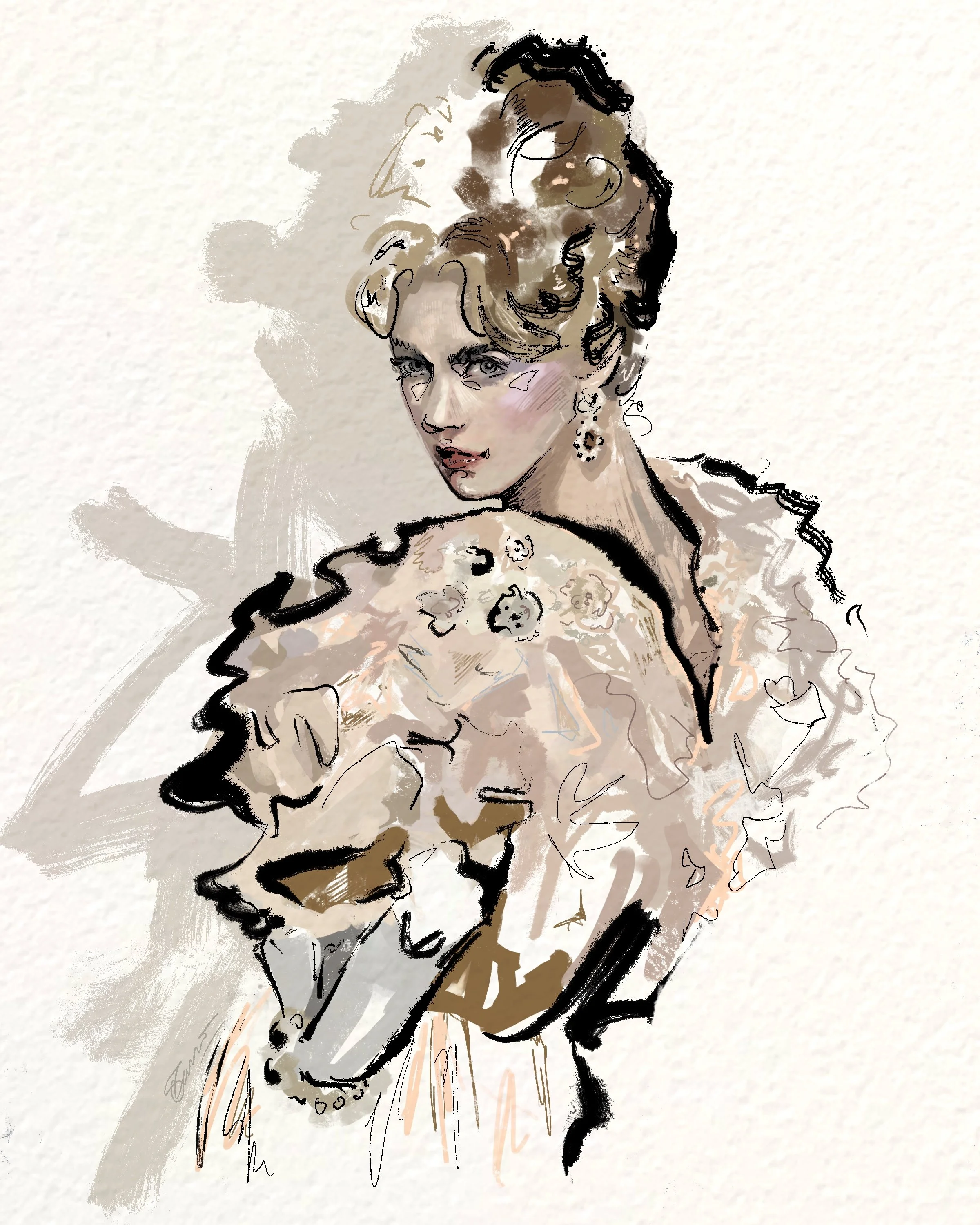 A stylized drawing of a woman in vintage attire, wearing earrings, a floral or ruffled off-shoulder dress, and a confident pose with her back slightly turned, looking over her shoulder.