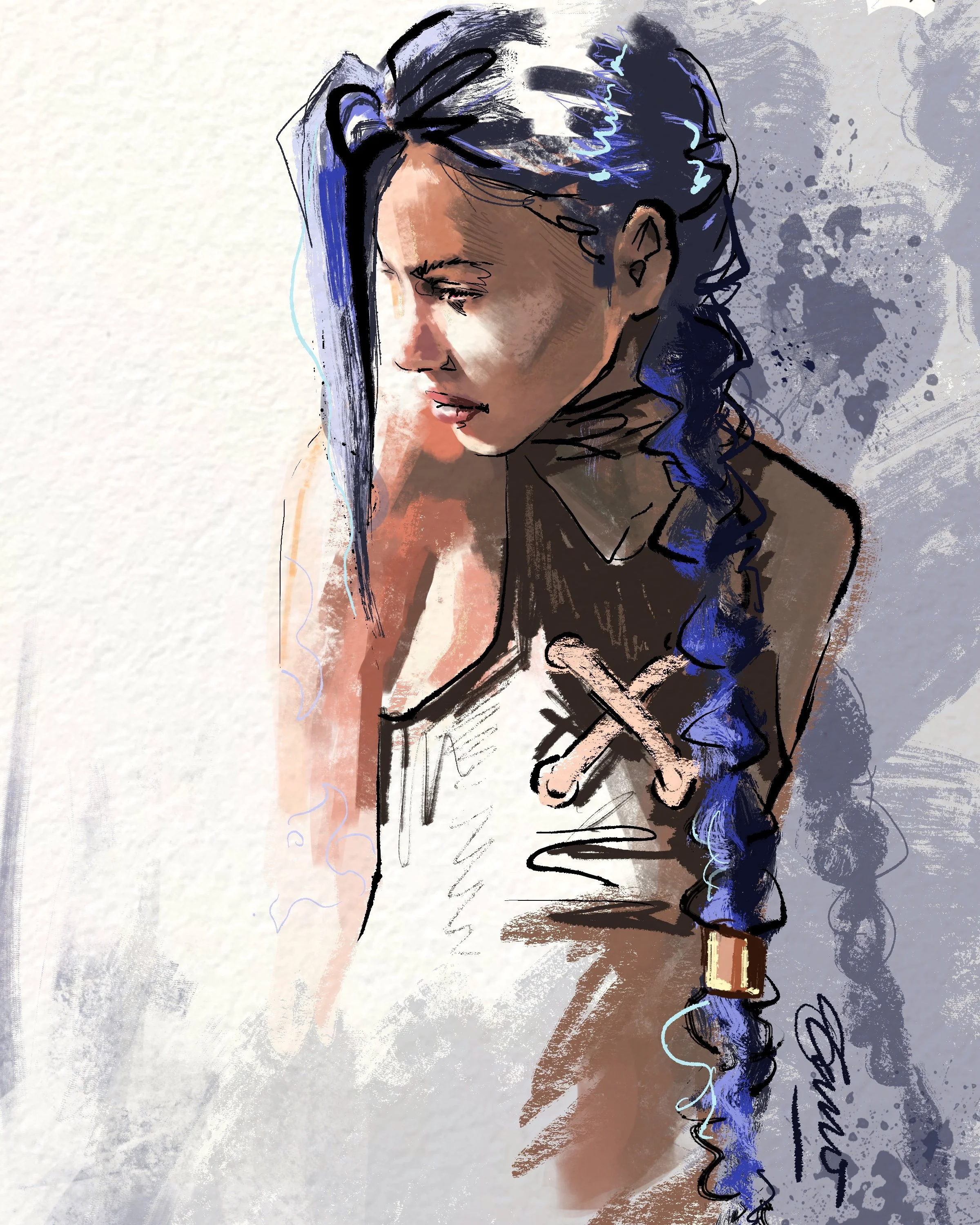 Sketch-style illustration of a woman with long dark hair braided on one side, wearing a sleeveless top, looking downward, with a neutral expression.