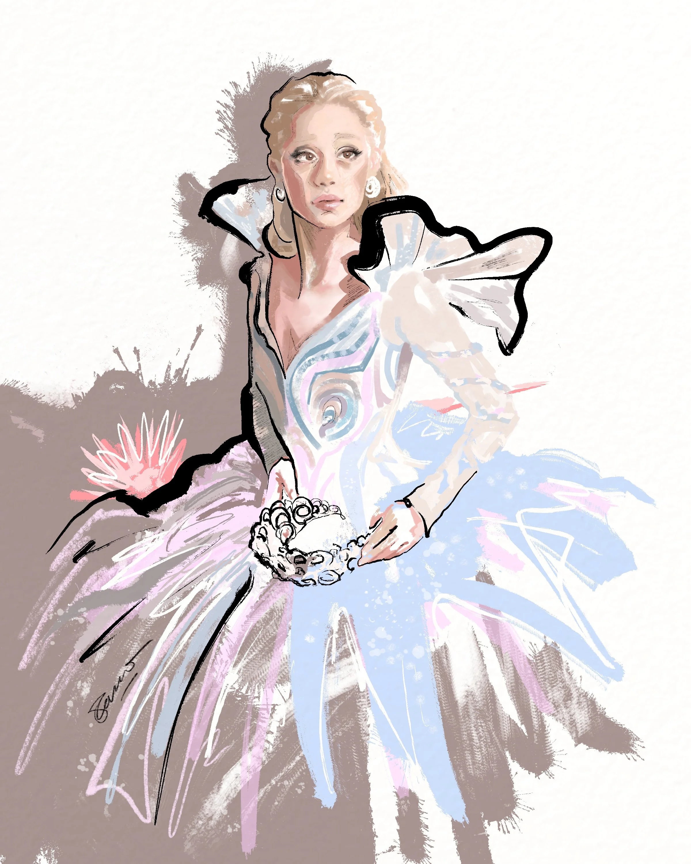A stylized, artistic illustration of a woman with blonde hair, wearing a dramatic, ruffled dress, holding a string of beads, with a background featuring abstract floral elements.