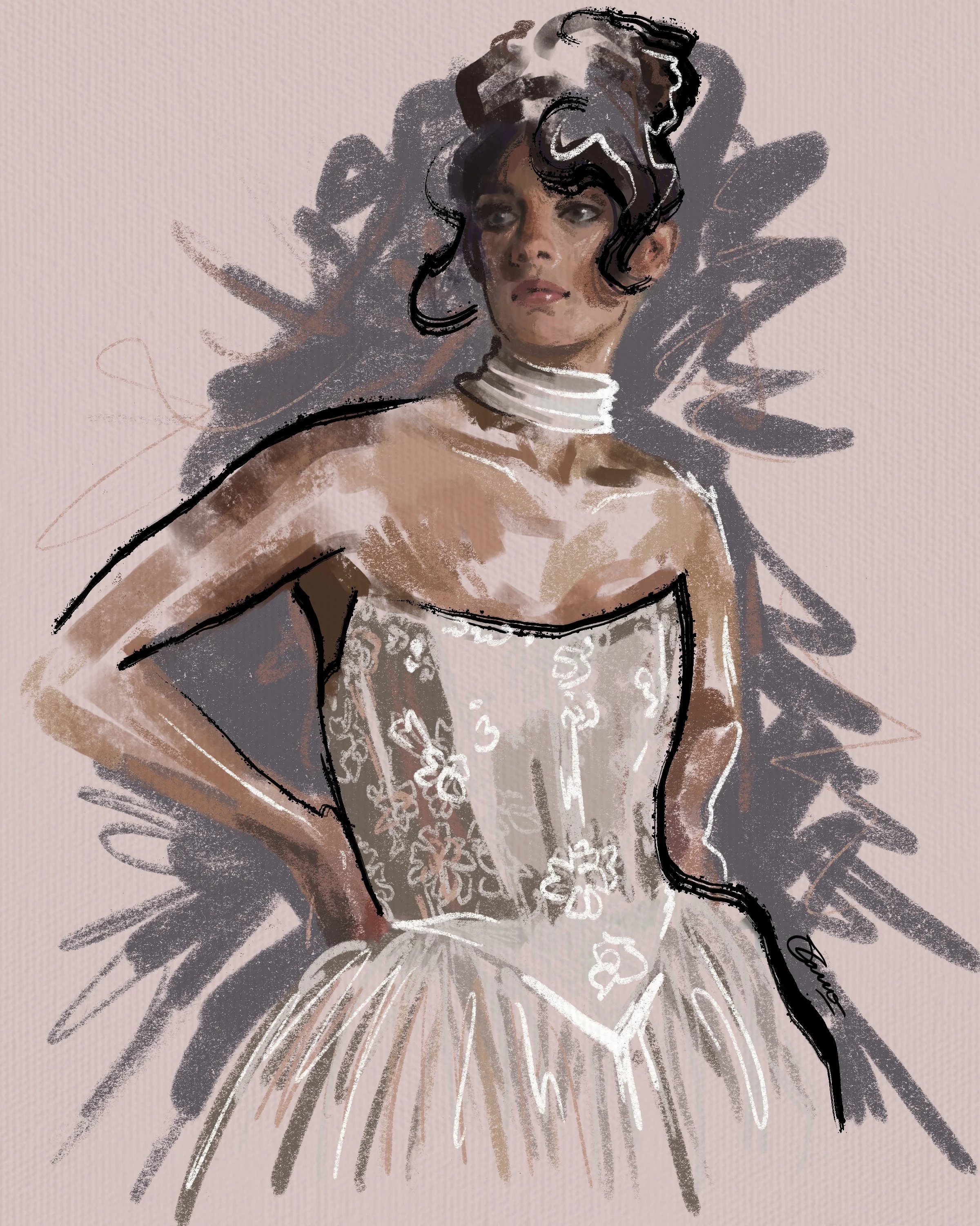 An artistic digital illustration of a woman in a vintage lace dress with floral embroidery, wearing a choker necklace, and posing with her hand on her hip. The background features abstract brush strokes and her hair is styled in a curled, vintage fas