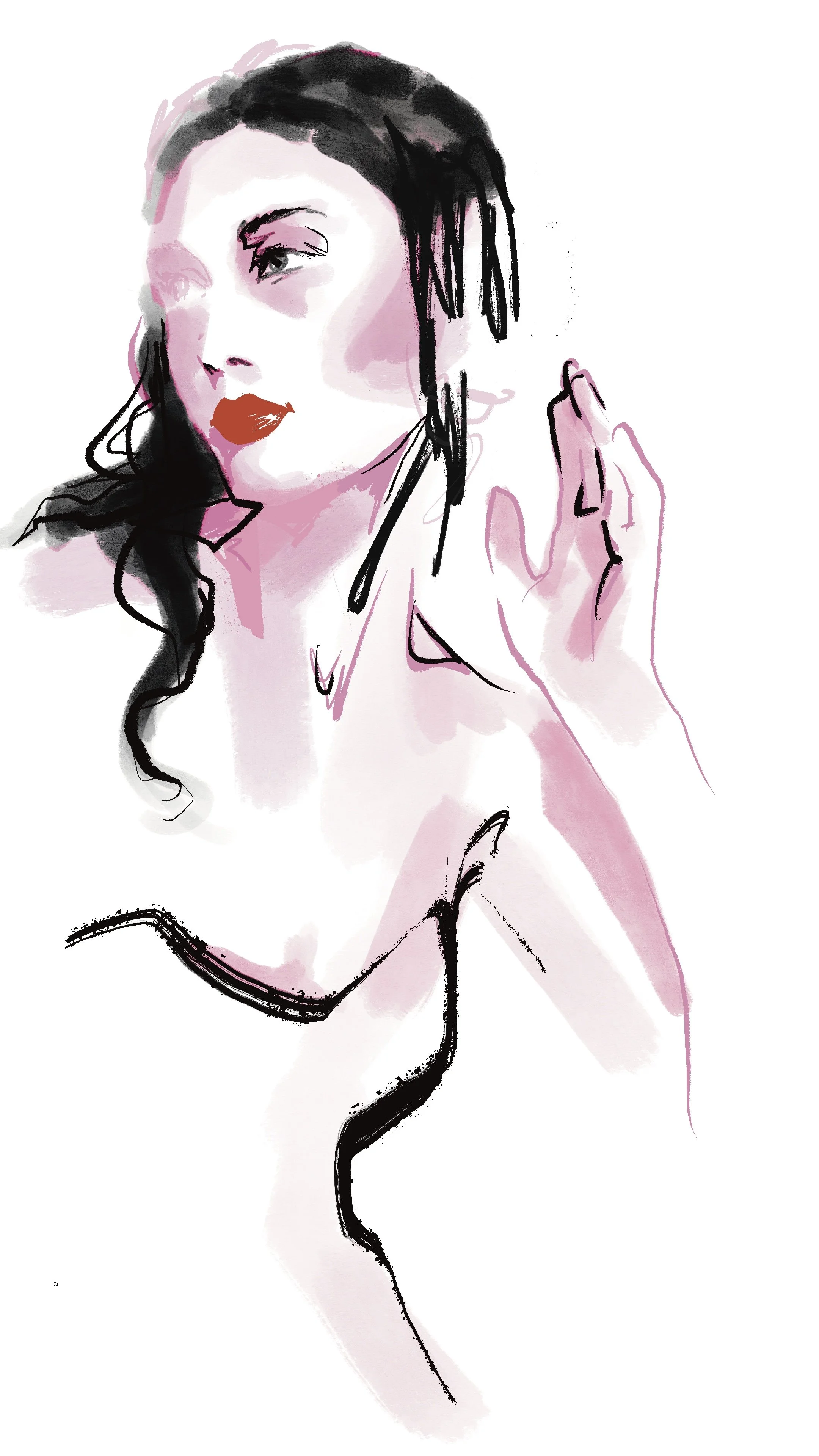 A fashionable illustrated woman with dark hair, bold red lipstick, and makeup, dressed in a strapless top, posing with her hand near her face in an artistic watercolor style.