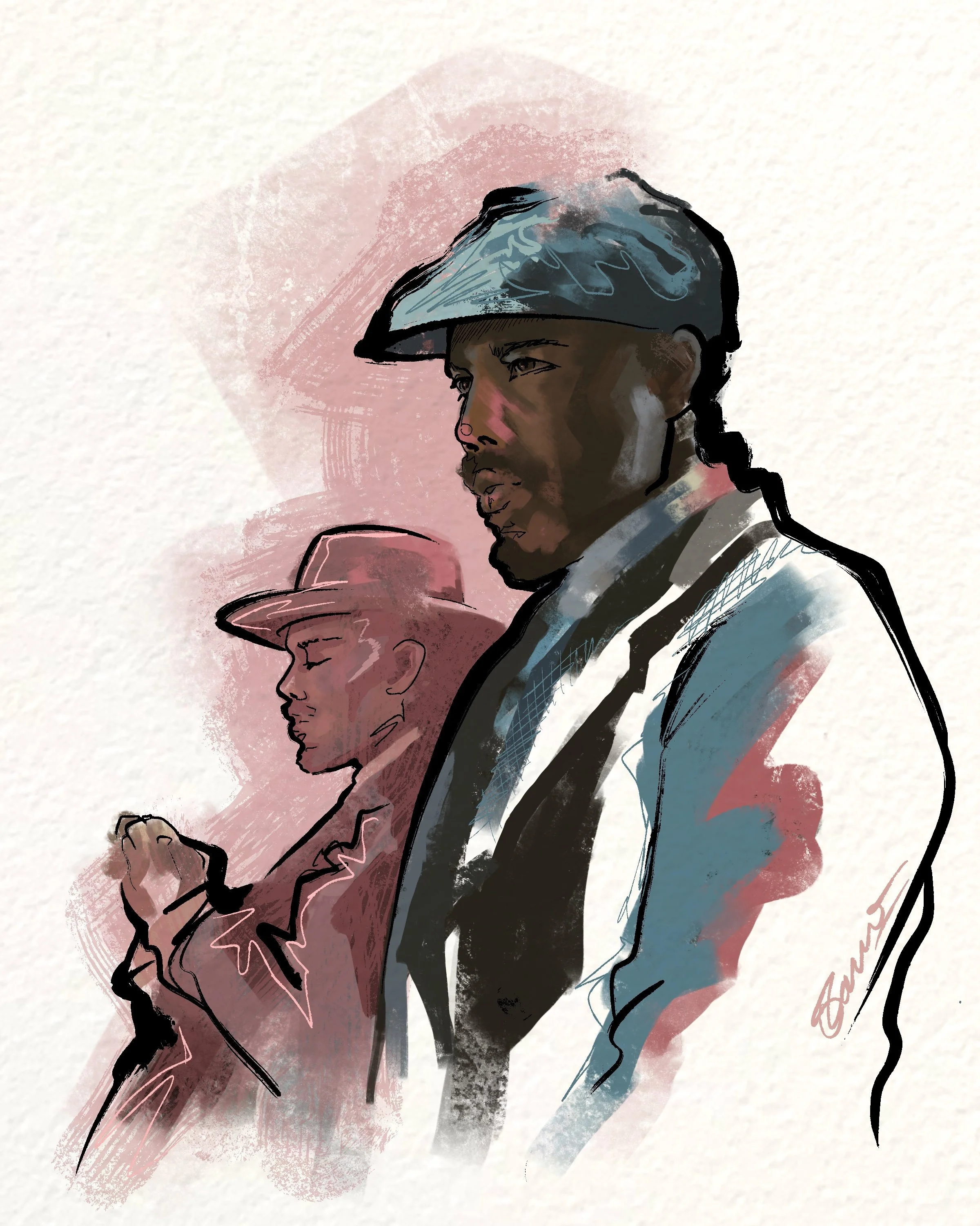 A digital watercolor-style illustration of a man and a woman in profile, both looking at their phones, with the man in the foreground and the woman slightly behind him.