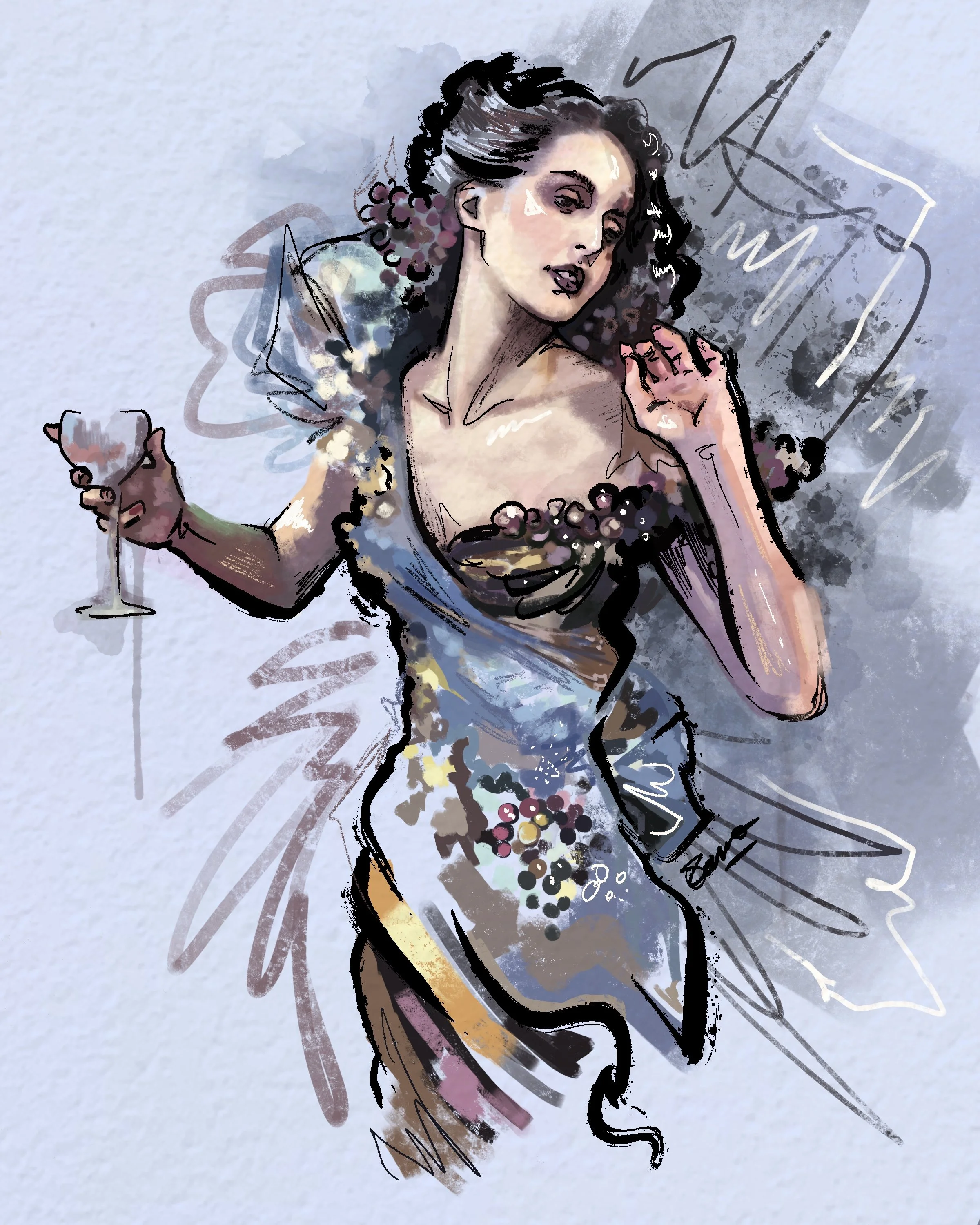 A watercolor-style illustration of a woman with dark, curly hair holding a cocktail glass, wearing a beaded necklace and a dress, with artistic scribbles and signatures in the background.