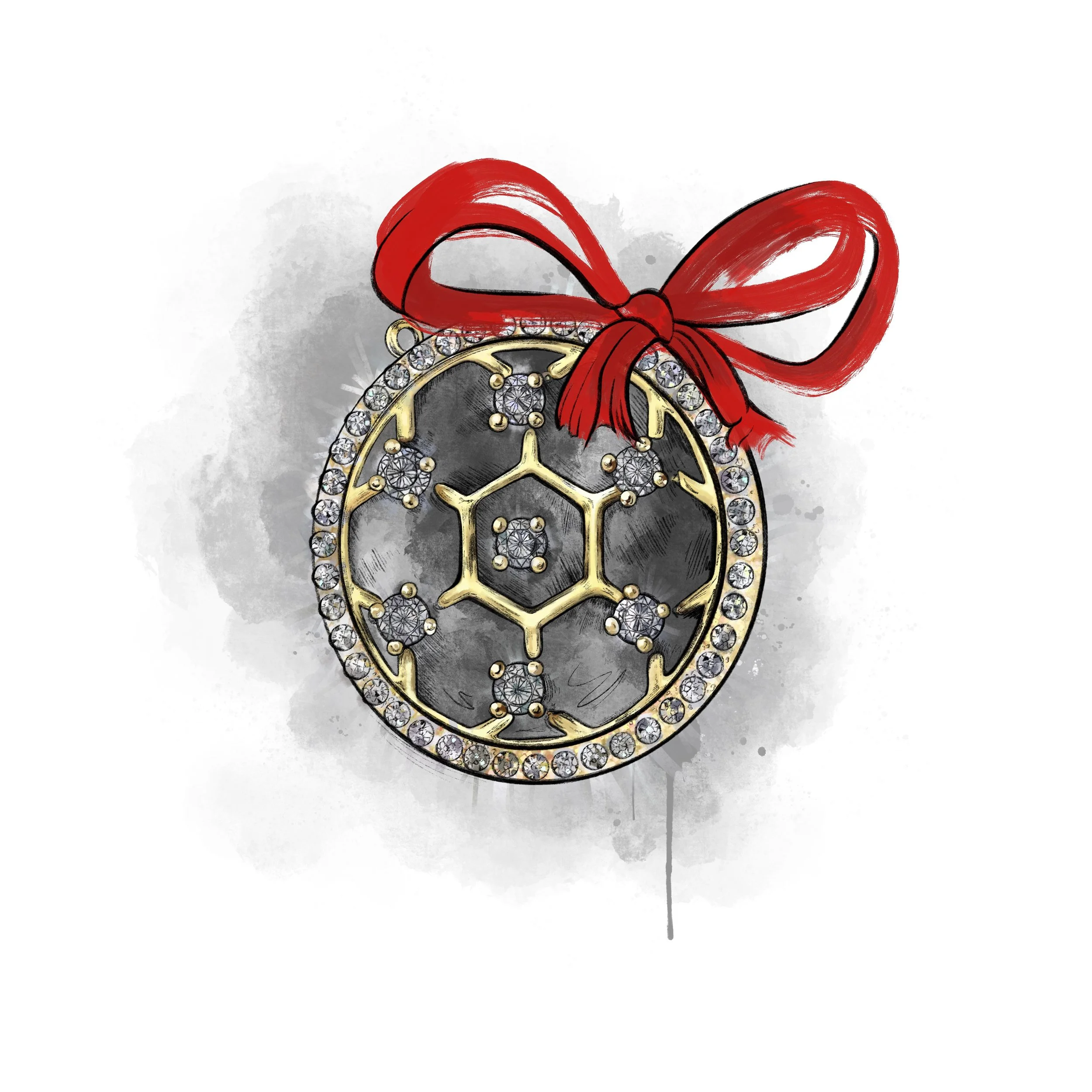 Decorative boutonniere with red ribbon tied in a bow on a round, ornate, jeweled frame.
