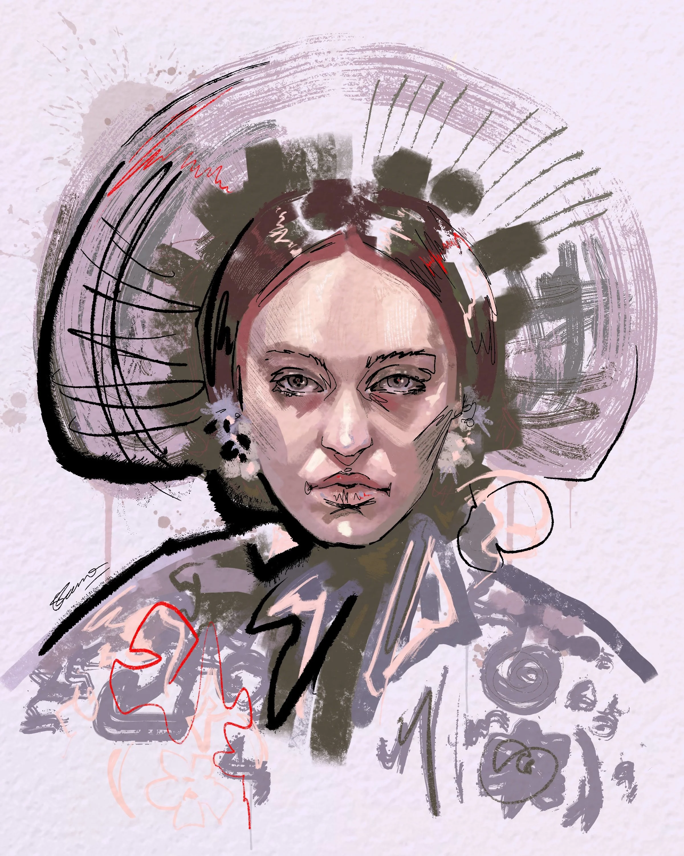 An artistic portrait of a person's face with expressive eyes, surrounded by abstract and sketchy lines, shapes, and paint splatters in muted colors.