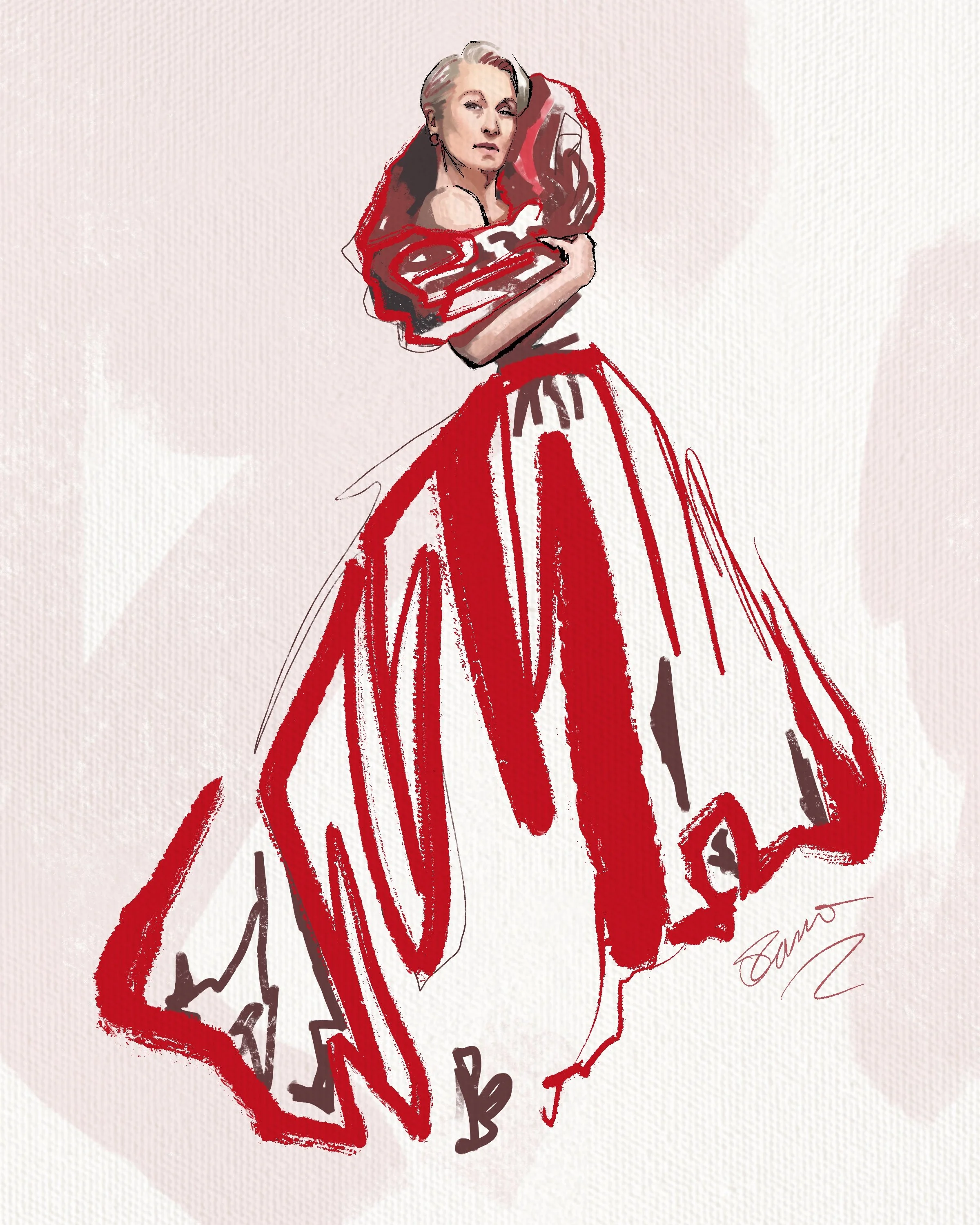 A sketch of a woman in a red dress with a serious expression, holding a large diamond-shaped object, signed at the bottom right.