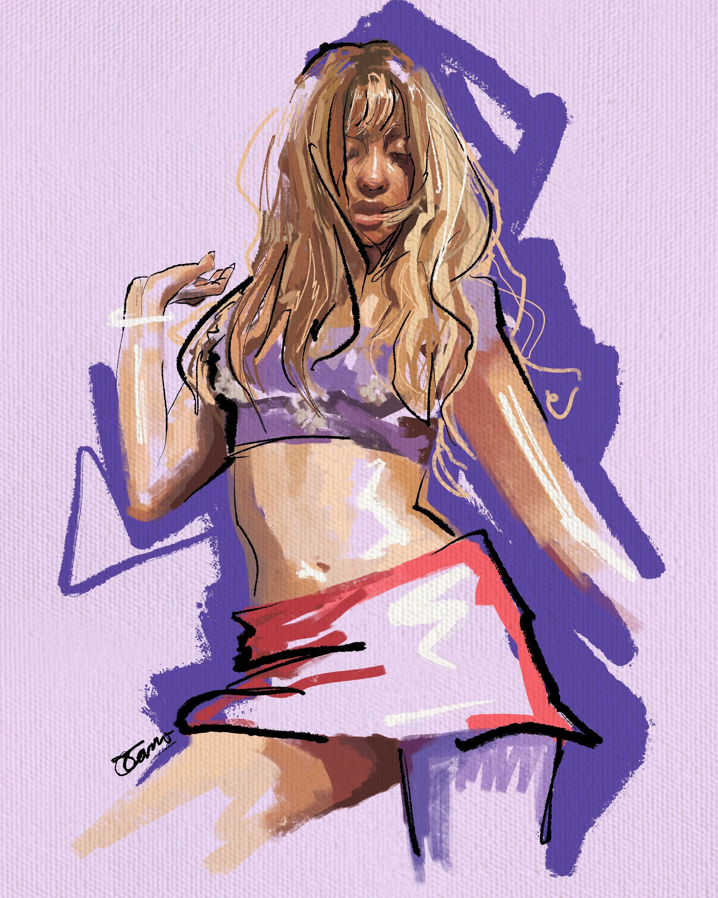 Digital illustration of a woman with long blonde hair wearing a purple top and denim jacket, standing next to a pink and purple background with abstract painting style.