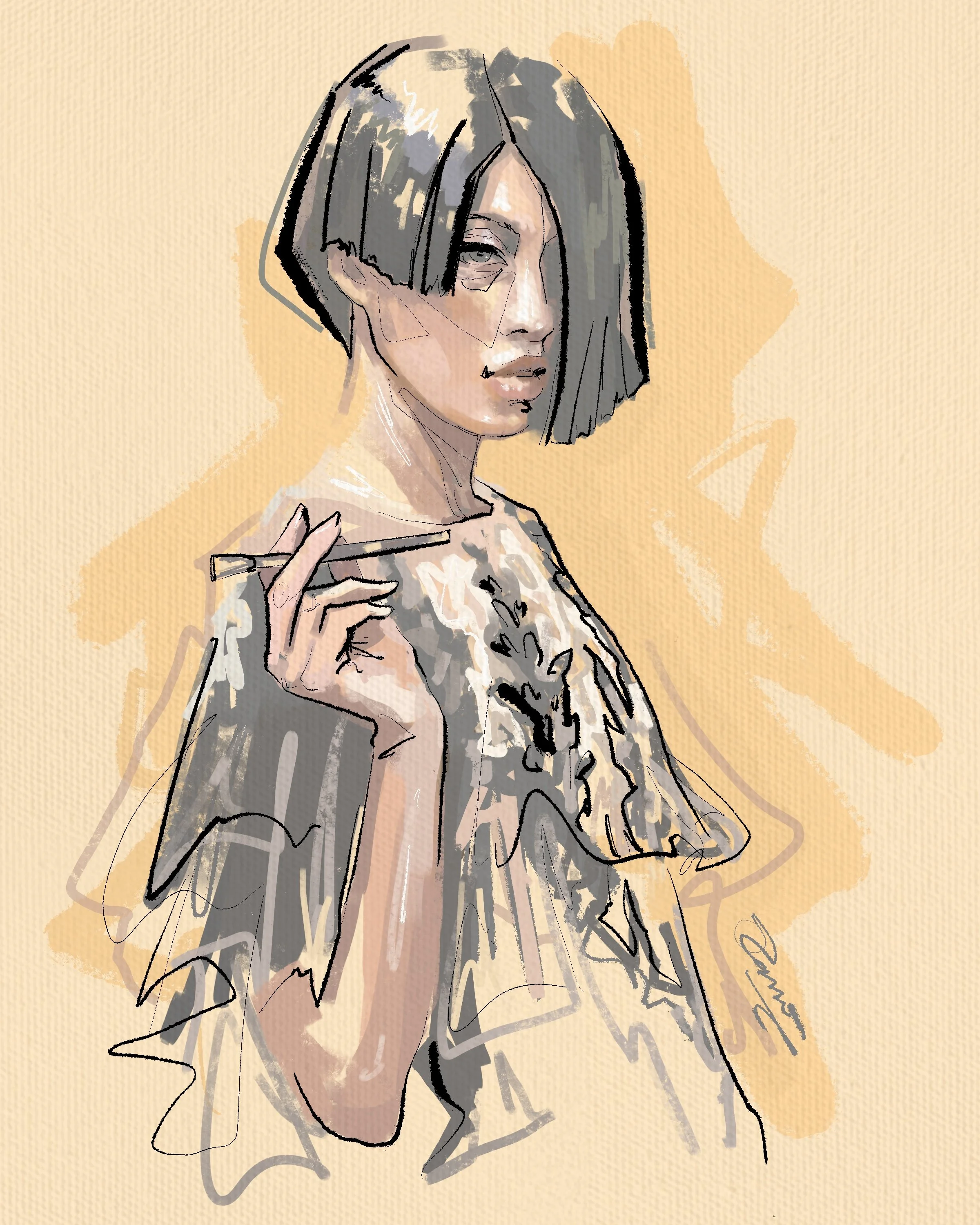 Stylized digital portrait of a woman with shoulder-length black hair, holding a cigarette, wearing a patterned top, with a neutral background.