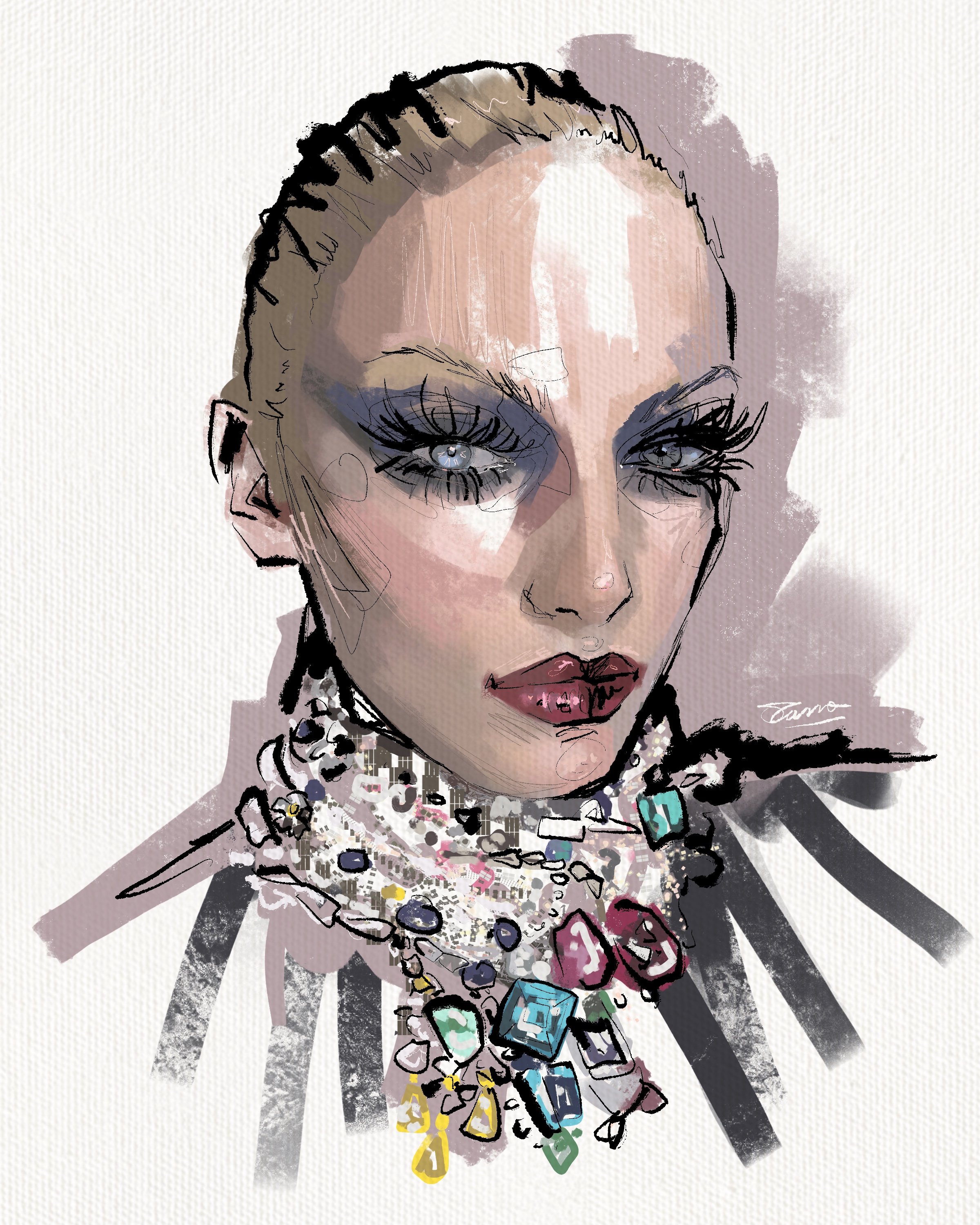 A digital watercolor portrait of a woman with elaborate eye makeup, wearing multiple colorful jewelry pieces including necklaces and earrings, with her hair styled in an elegant updo.