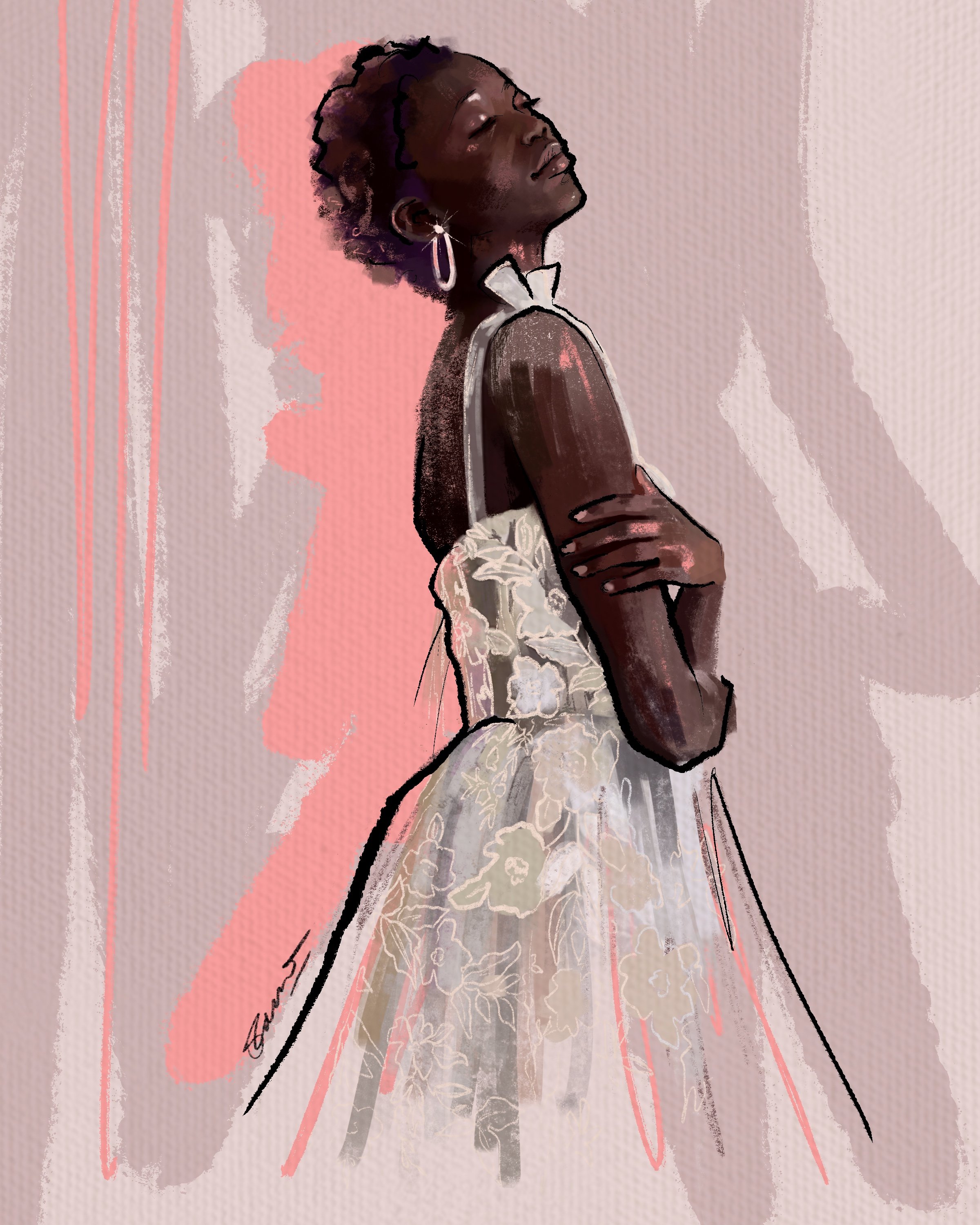A drawing of a woman with short curly hair and earrings, wearing a lace dress, with her eyes closed and one arm crossed over her chest, against a pink textured background.