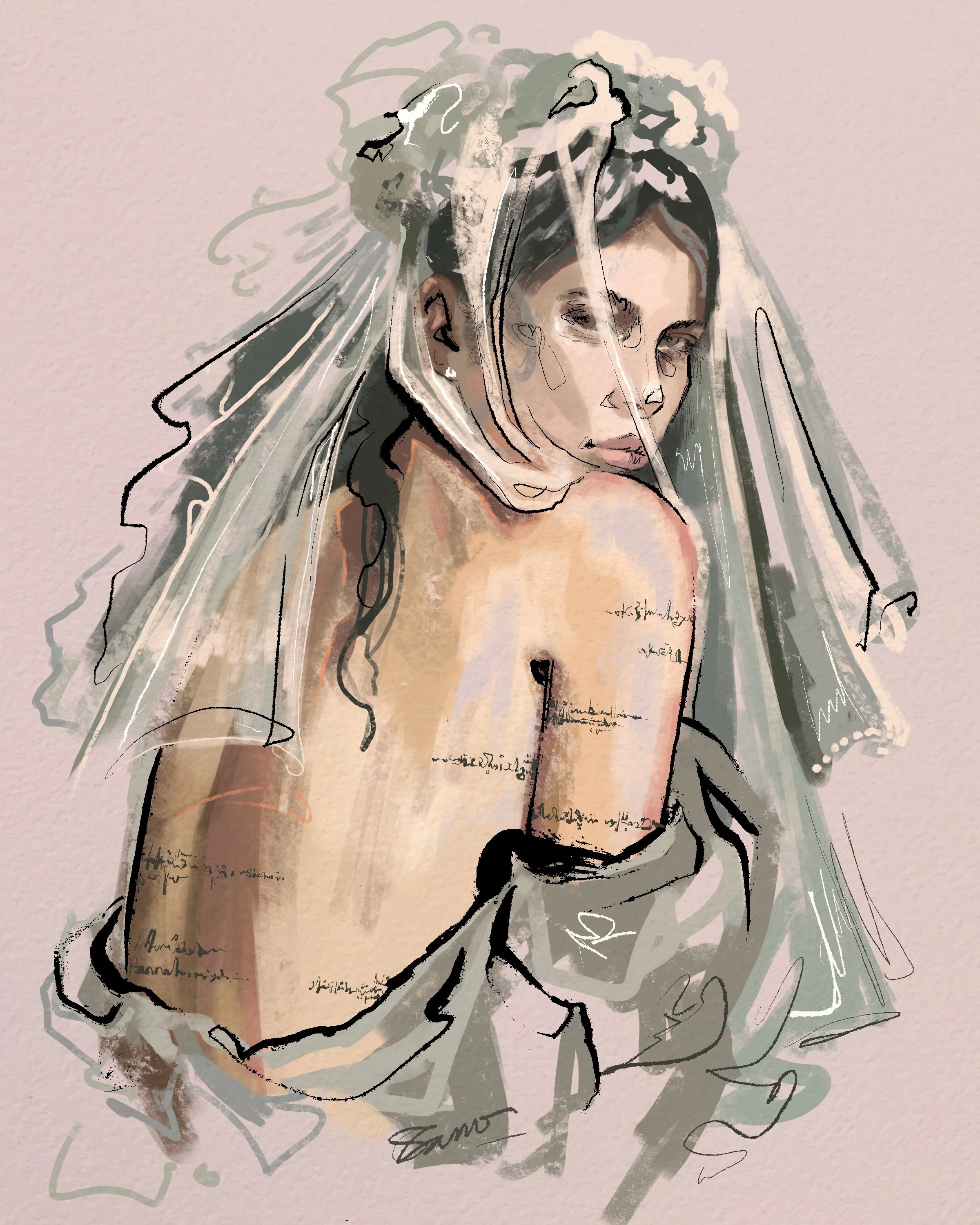 Abstract artistic portrait of a woman with dark hair, wearing a veil, created with sketchy lines and muted colors.