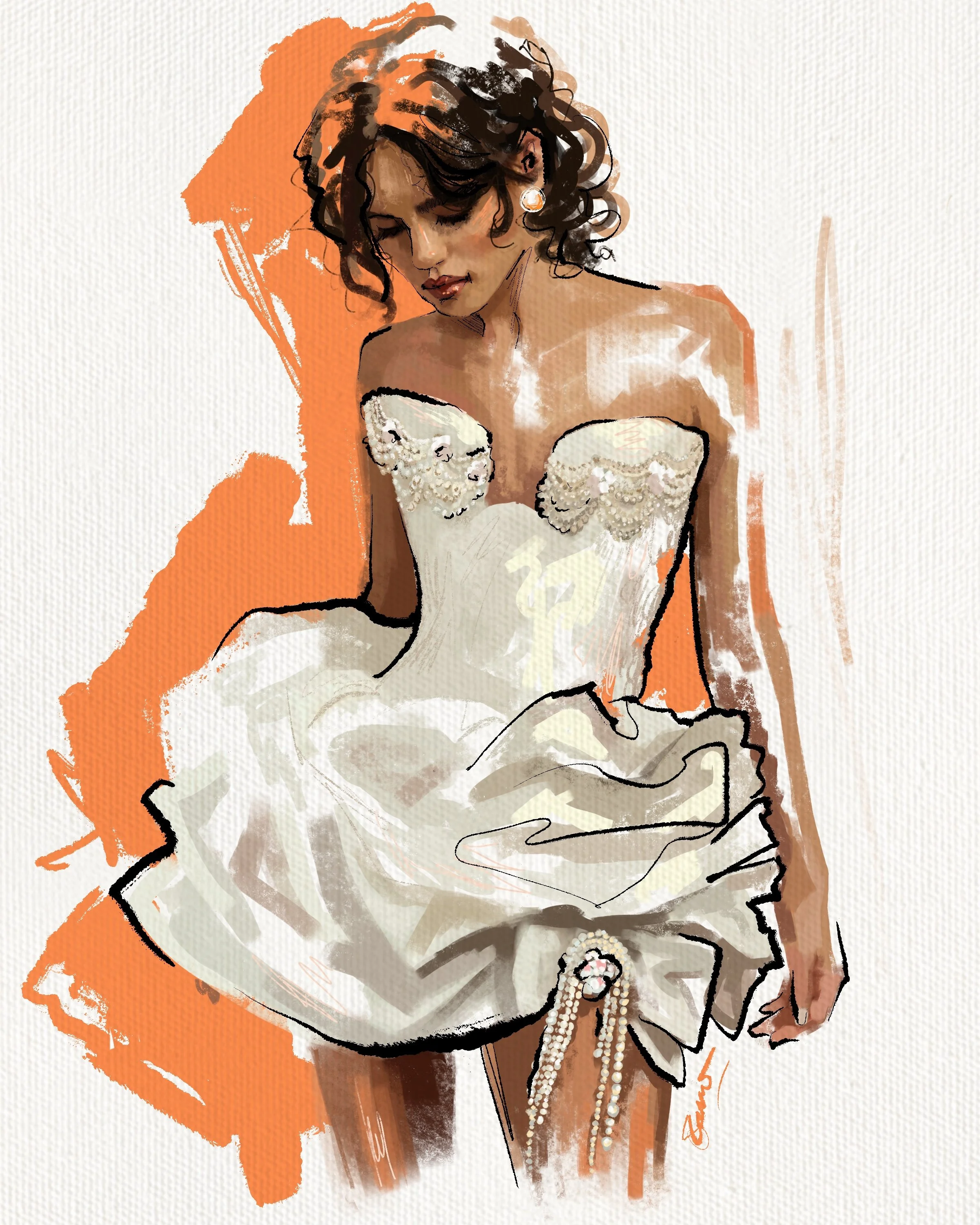 A watercolor-style illustration of a woman with curly dark hair, wearing a white strapless dress with pearl embellishments and a pearl necklace, and a pearl earring, looking downcast with eyes closed.