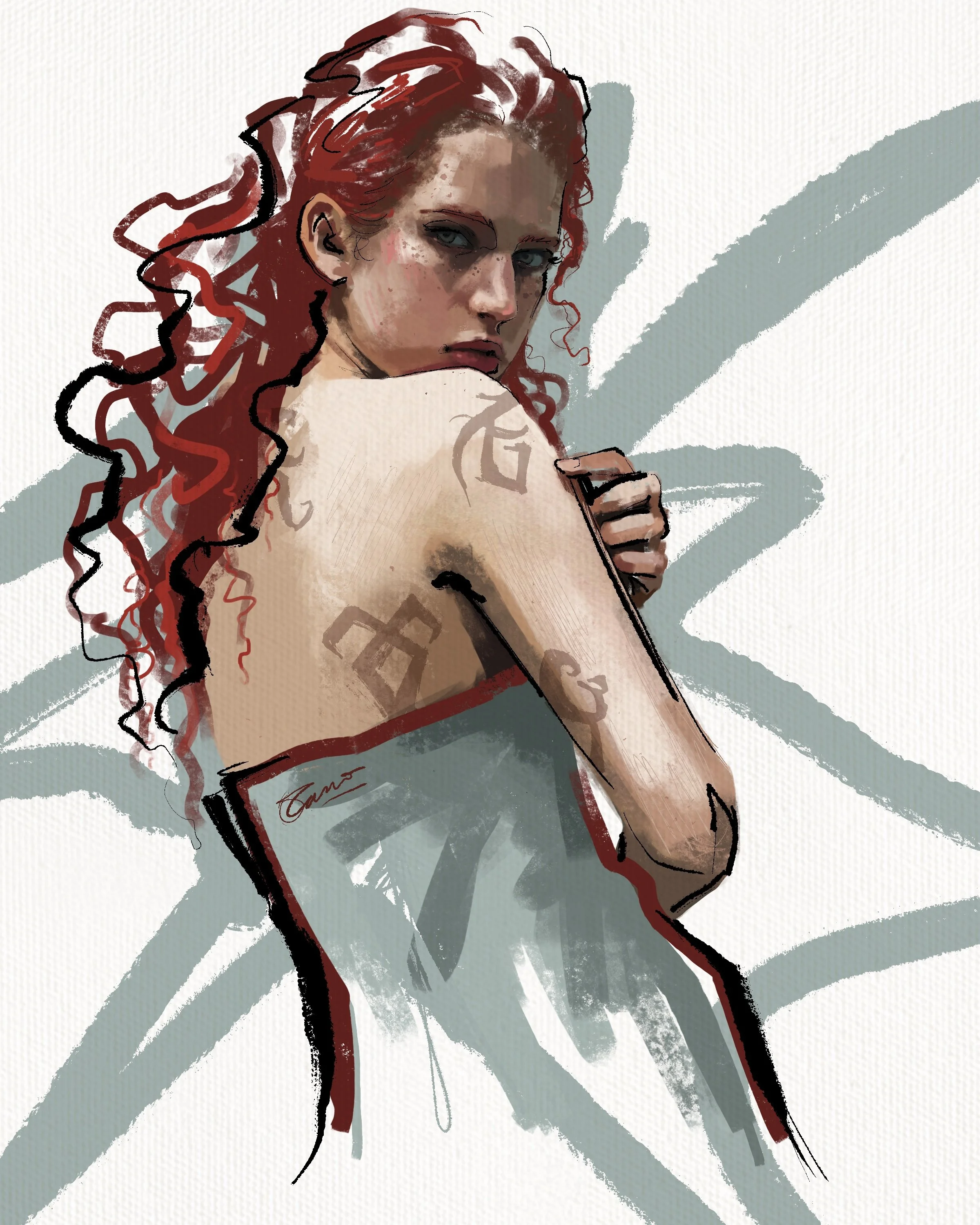 Digital illustration of a woman with red curly hair, looking at the viewer with a serious expression, resting her chin on her shoulder. The artwork features a textured, painterly style with soft colors and bold lines.