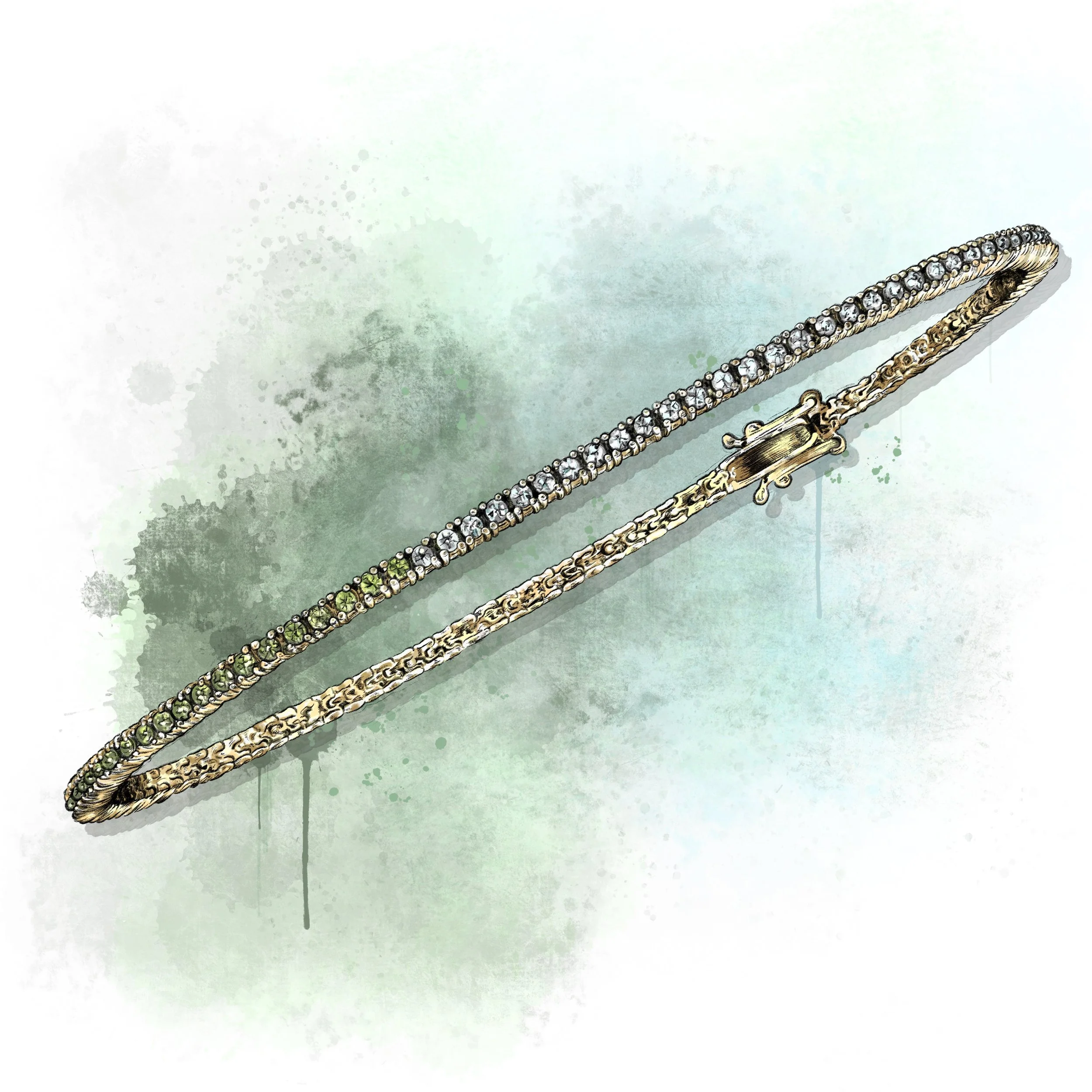 Close-up of two gold bracelets, one with clear rhinestones and the other with green rhinestones, on a light green and white background.