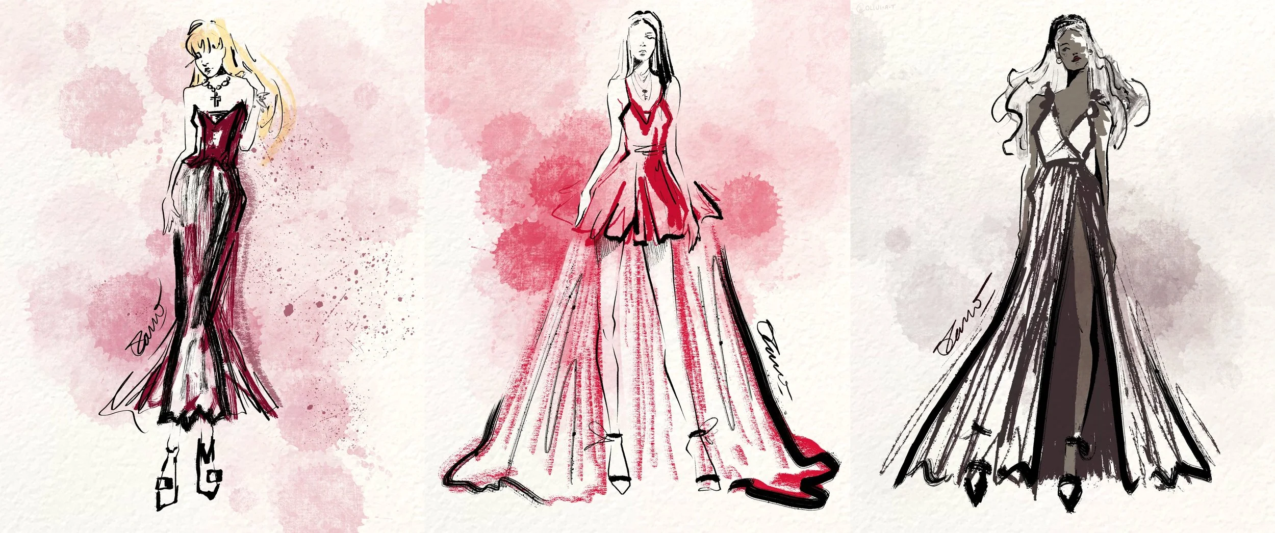 Three fashion sketches of women in evening gowns with watercolor backgrounds.