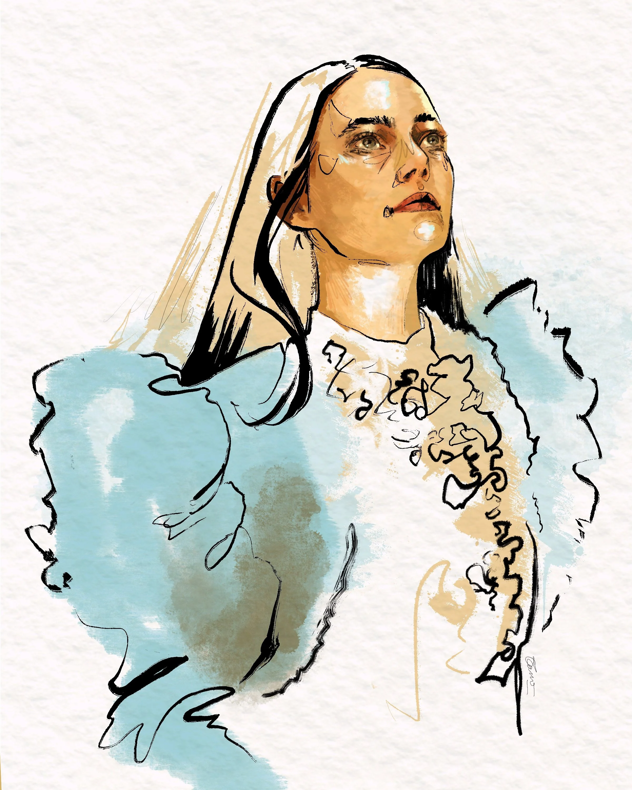 A stylized digital painting of a woman with long dark hair, dressed in a gown with ruffled details, looking upward with a serene expression.