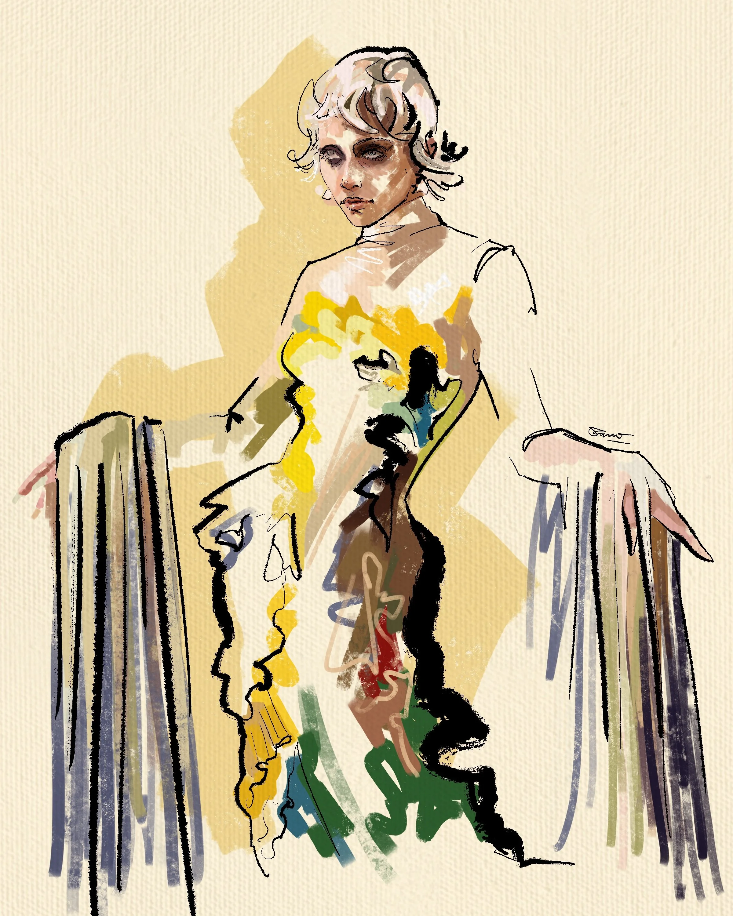 An artistic colorful portrait of a woman with short hair, wearing a yellow floral dress, with a beige background and abstract vertical lines.
