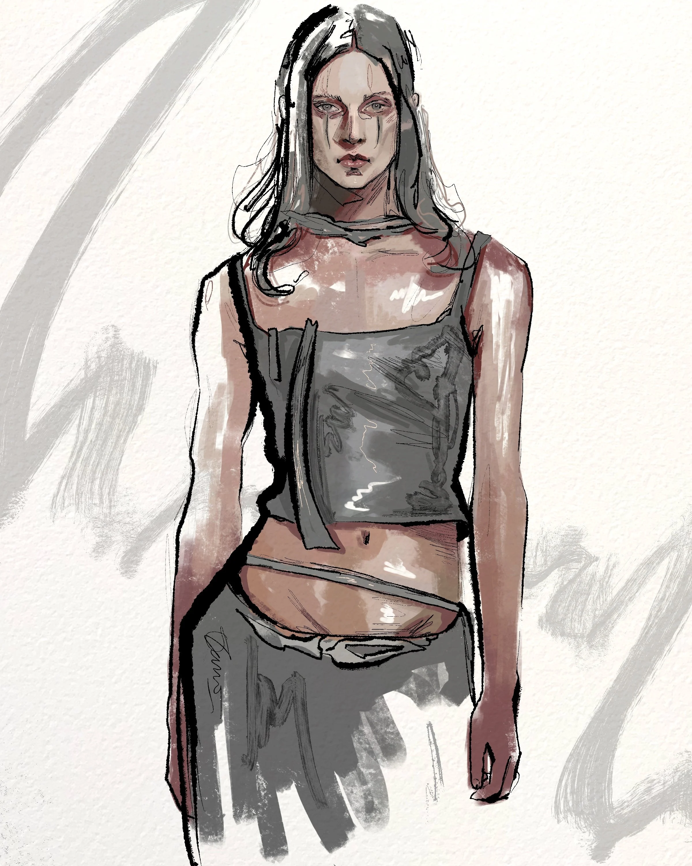 A watercolor-style illustration of a woman with dark hair wearing a black sleeveless top, standing against a plain background.