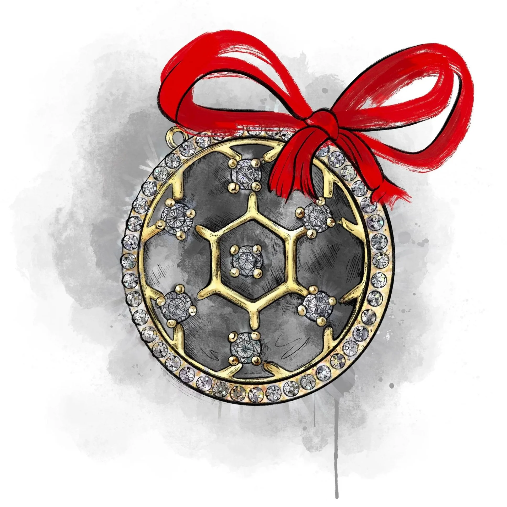 Illustration of a decorative feathered clock with a red ribbon tied in a bow at the top, surrounded by sparkling rhinestones.