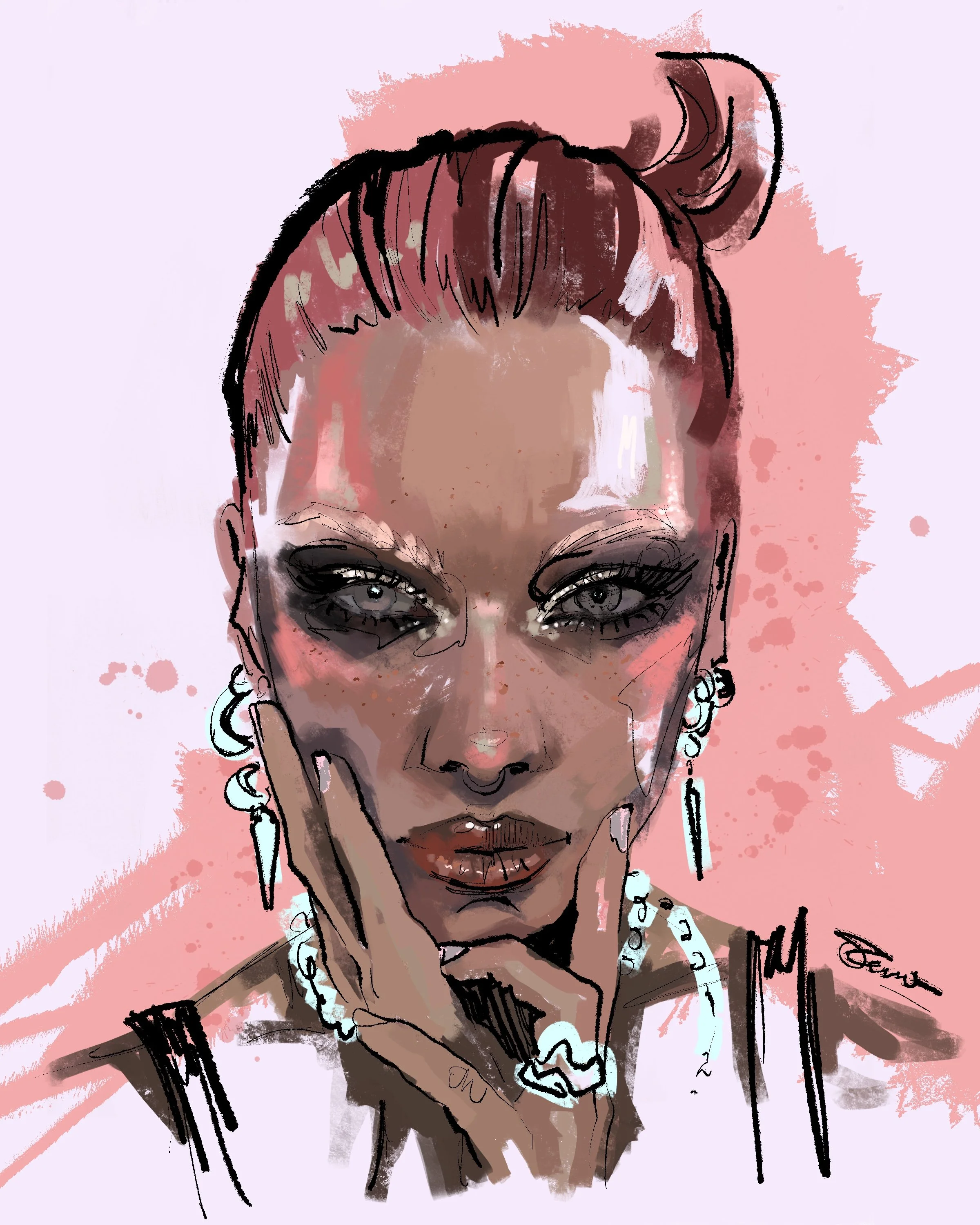 Digital artistic portrait of a woman with light purple eyes, wearing jewelry, and touching her face with her right hand, with pink and brown shading and black line details.