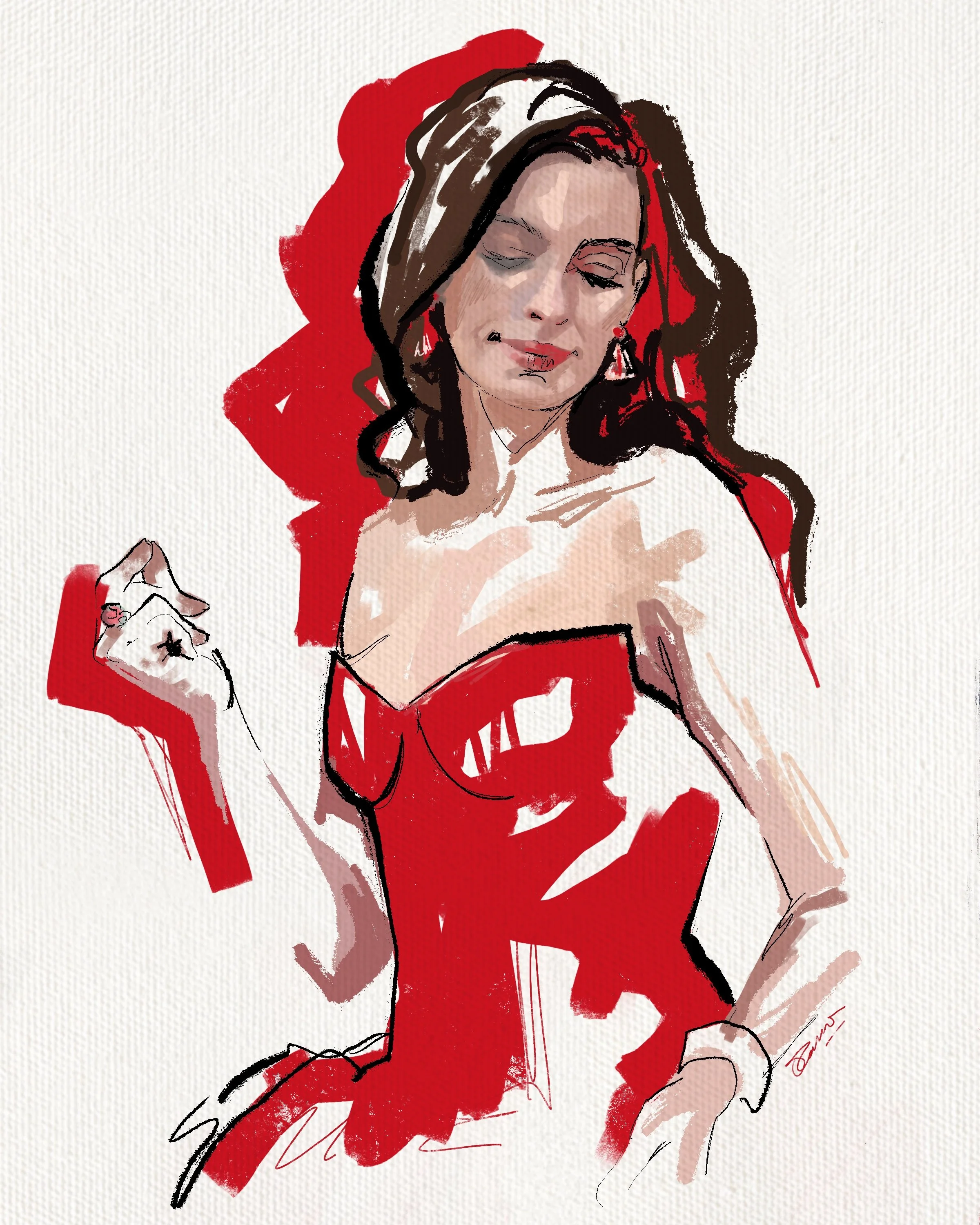An artistic line drawing of a woman in a red dress, with her eyes closed, smiling slightly, her hand holding a cigarette.