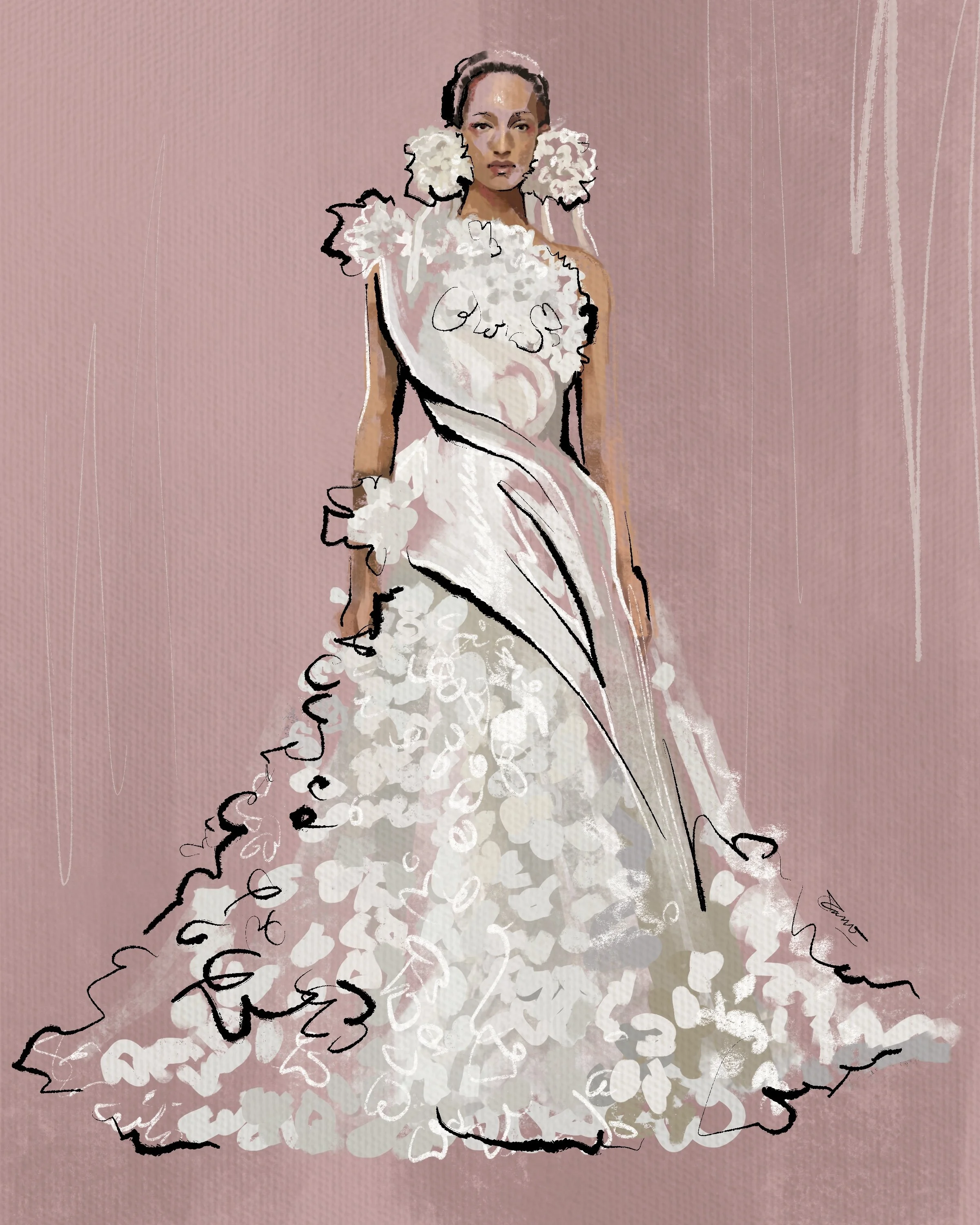 A fashion illustration of a woman in a white gown with floral details, standing against a pink background.