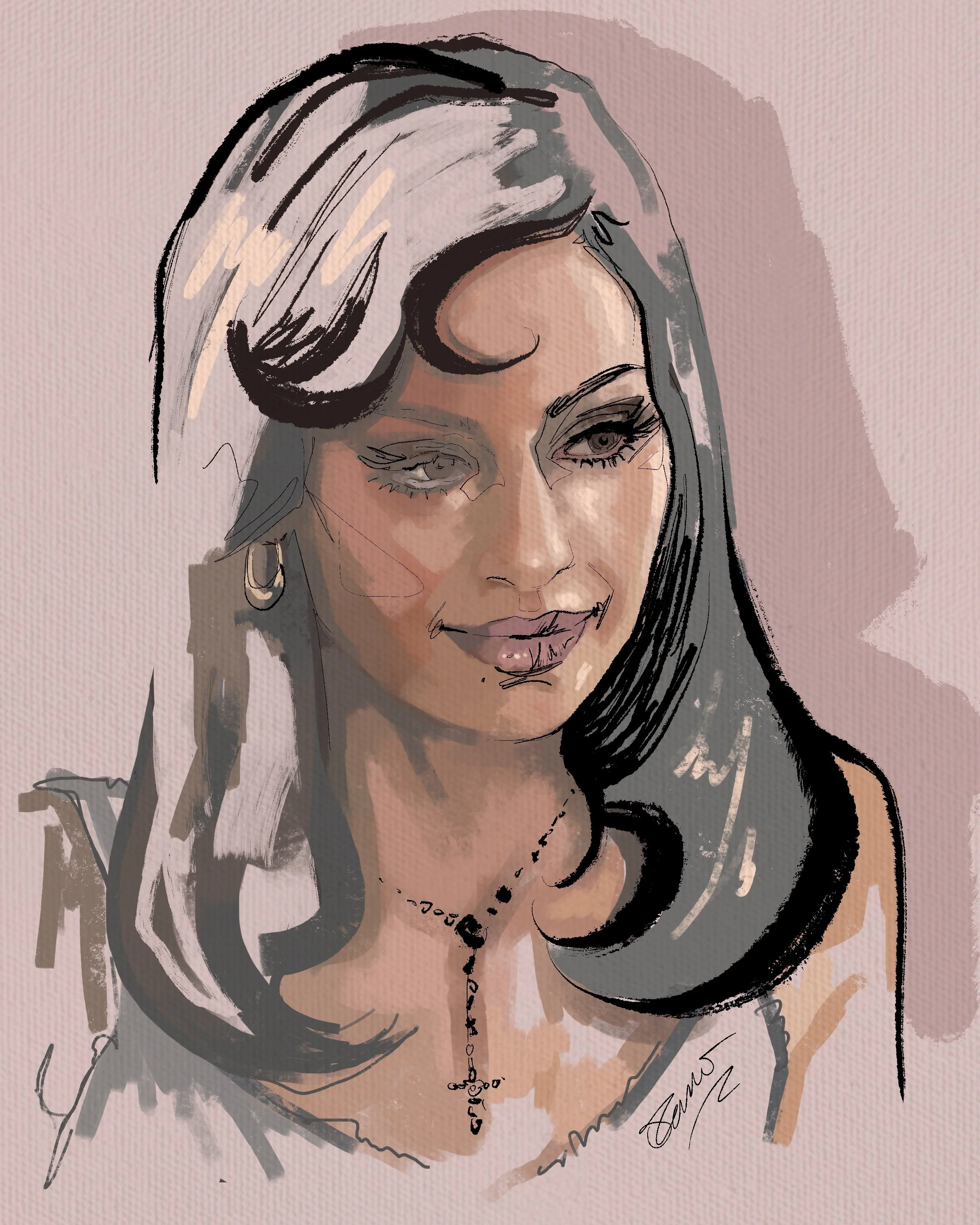 A digital illustration of a woman with gray hair, dark eye makeup, and earrings, wearing a necklace, with a pink background.