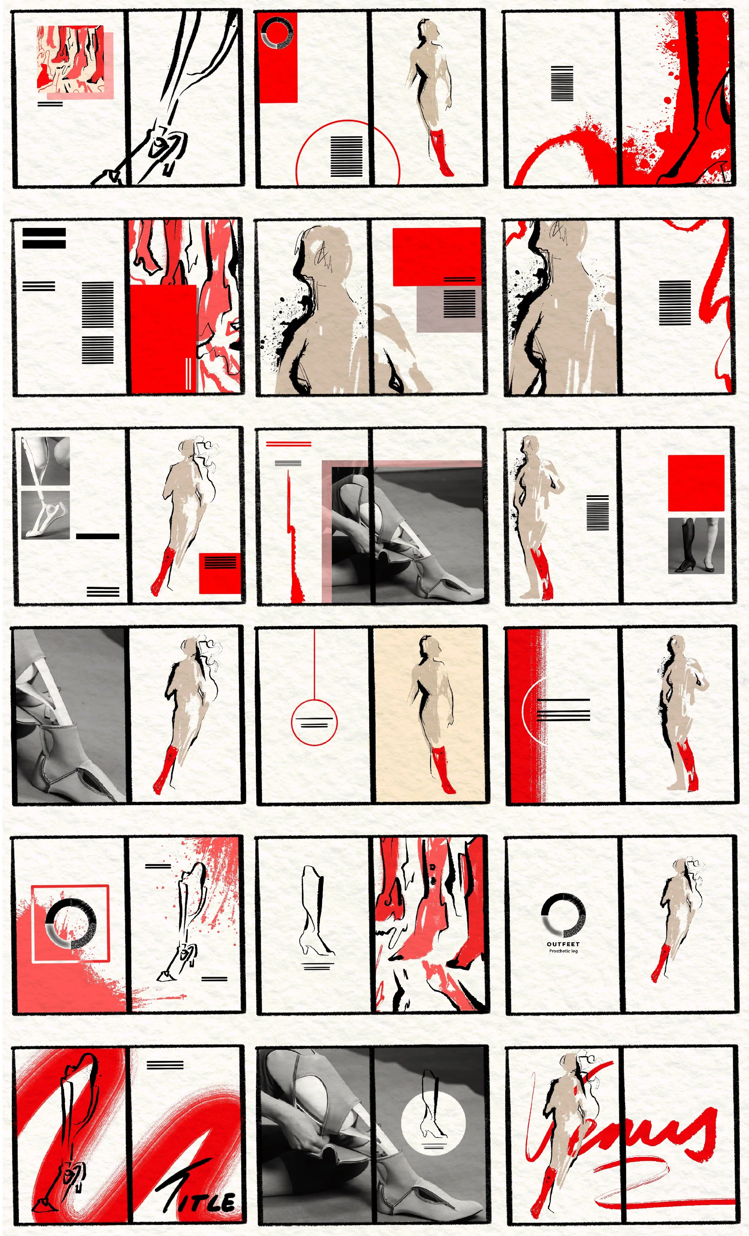 A collage of fashion sketches, photographs, and graphic elements featuring women's legs and footwear, predominantly in black, white, beige, and red colors.