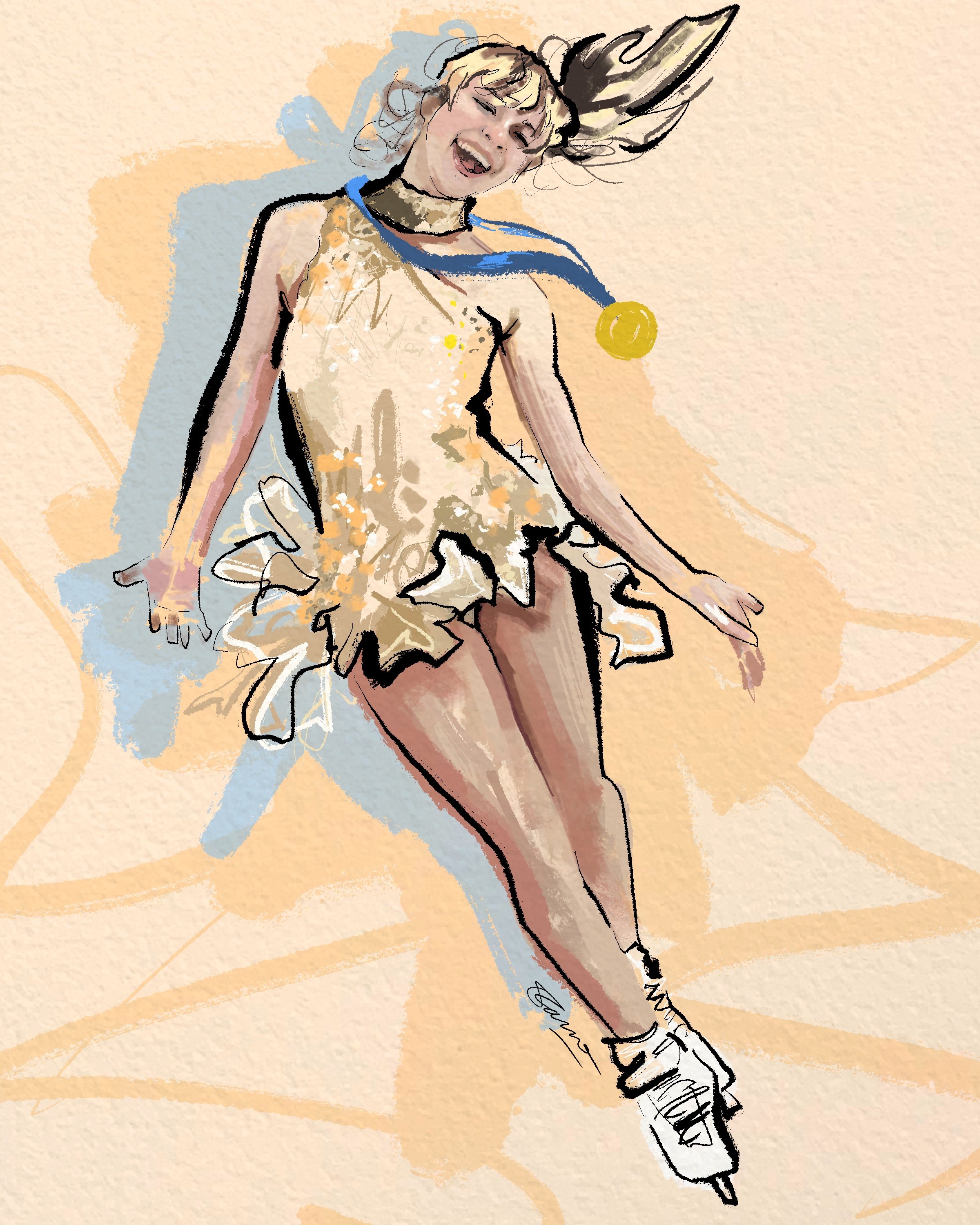 Digital illustration of a woman with blonde hair wearing a dress with a fluffy skirt, a blue belt, and a choker, posing with a joyful expression, against an abstract pastel-colored background.