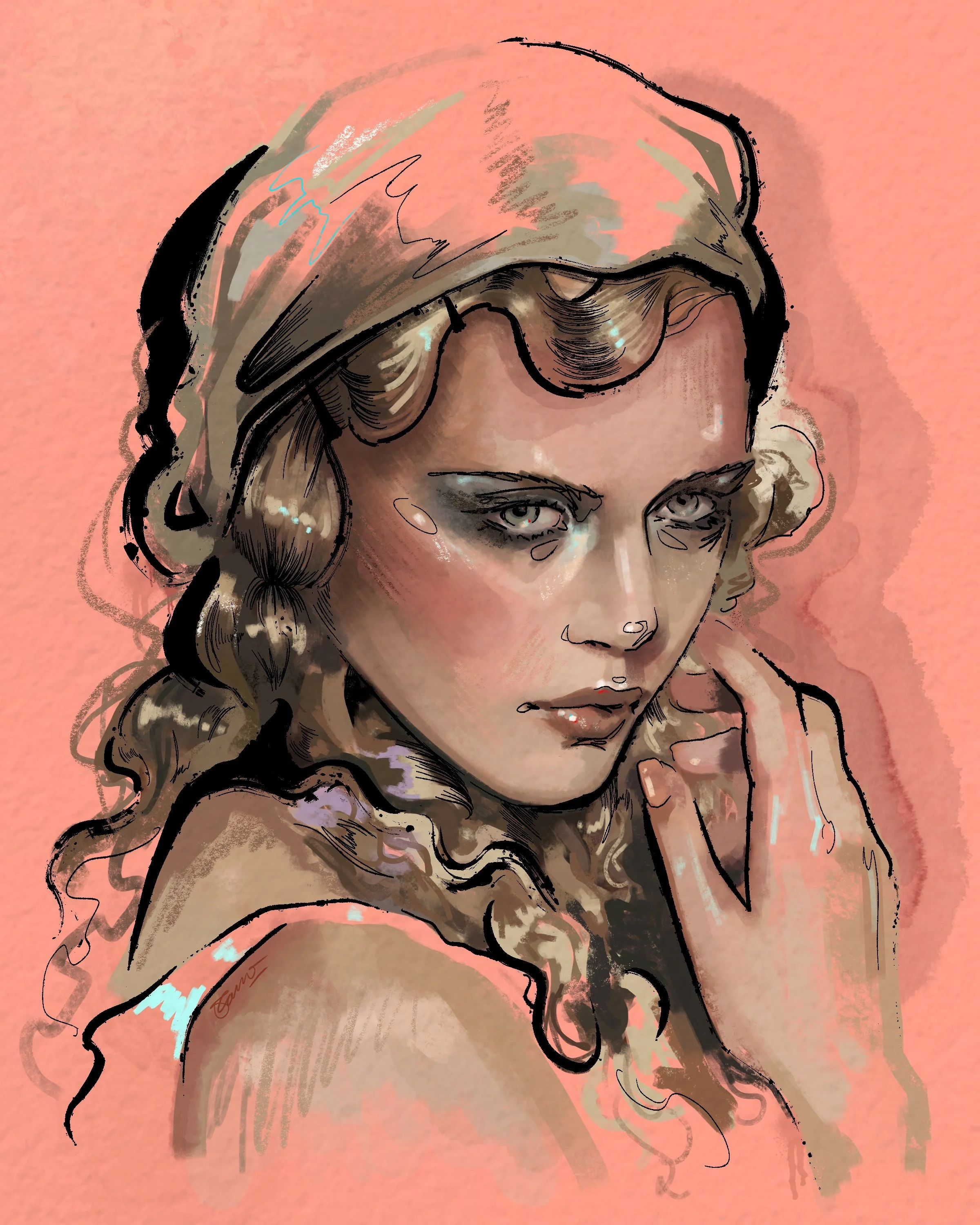 A stylized, artistic illustration of a woman with curly hair and prominent eyes, with a pink background and loose, sketchy black outlines.