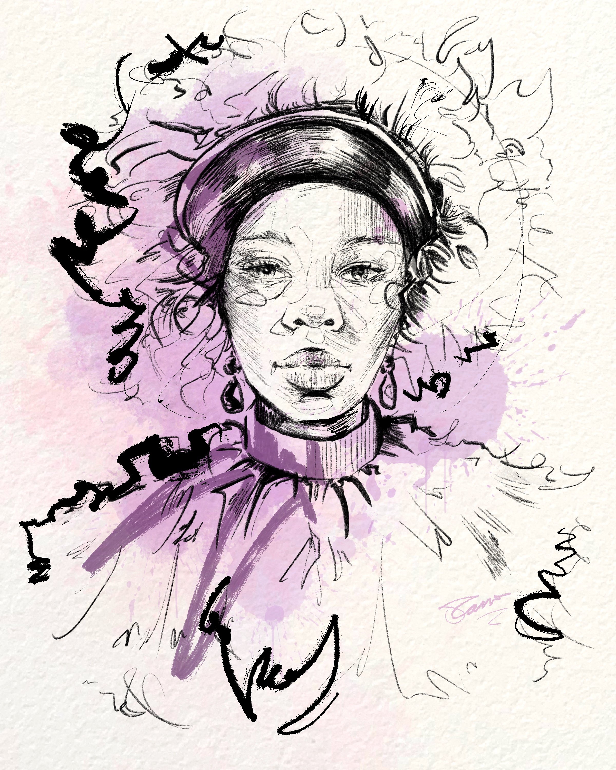 Artistic sketch of a woman's face with large earrings, styled hair, and a choker, with handwritten words around her in black ink and light purple watercolor splashes.