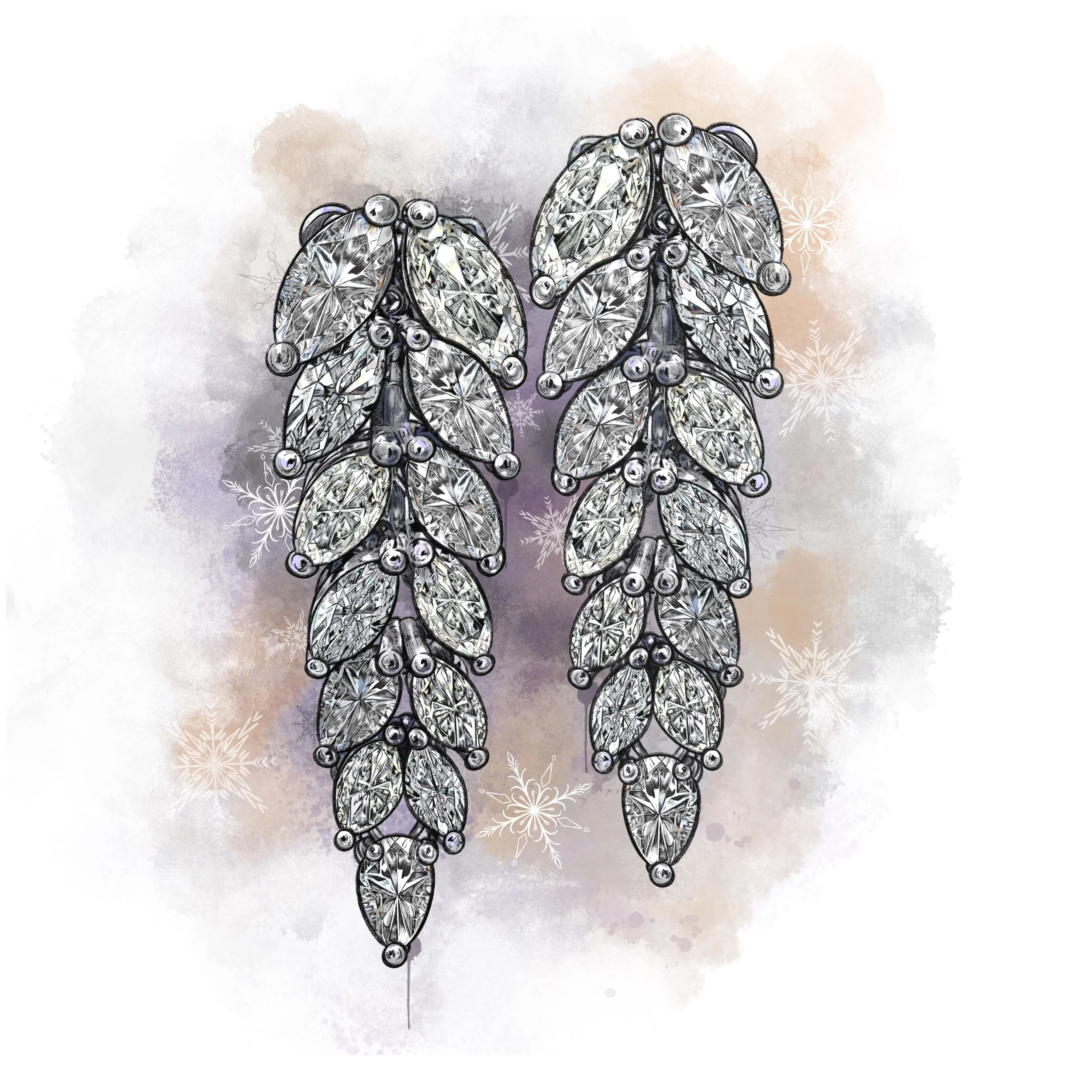 A holiday-themed illustration of a Christmas tree ornament shape decorated with intricate, sparkling diamond-like patterns and small round embellishments, set against a pastel watercolor background with subtle snowflake details.